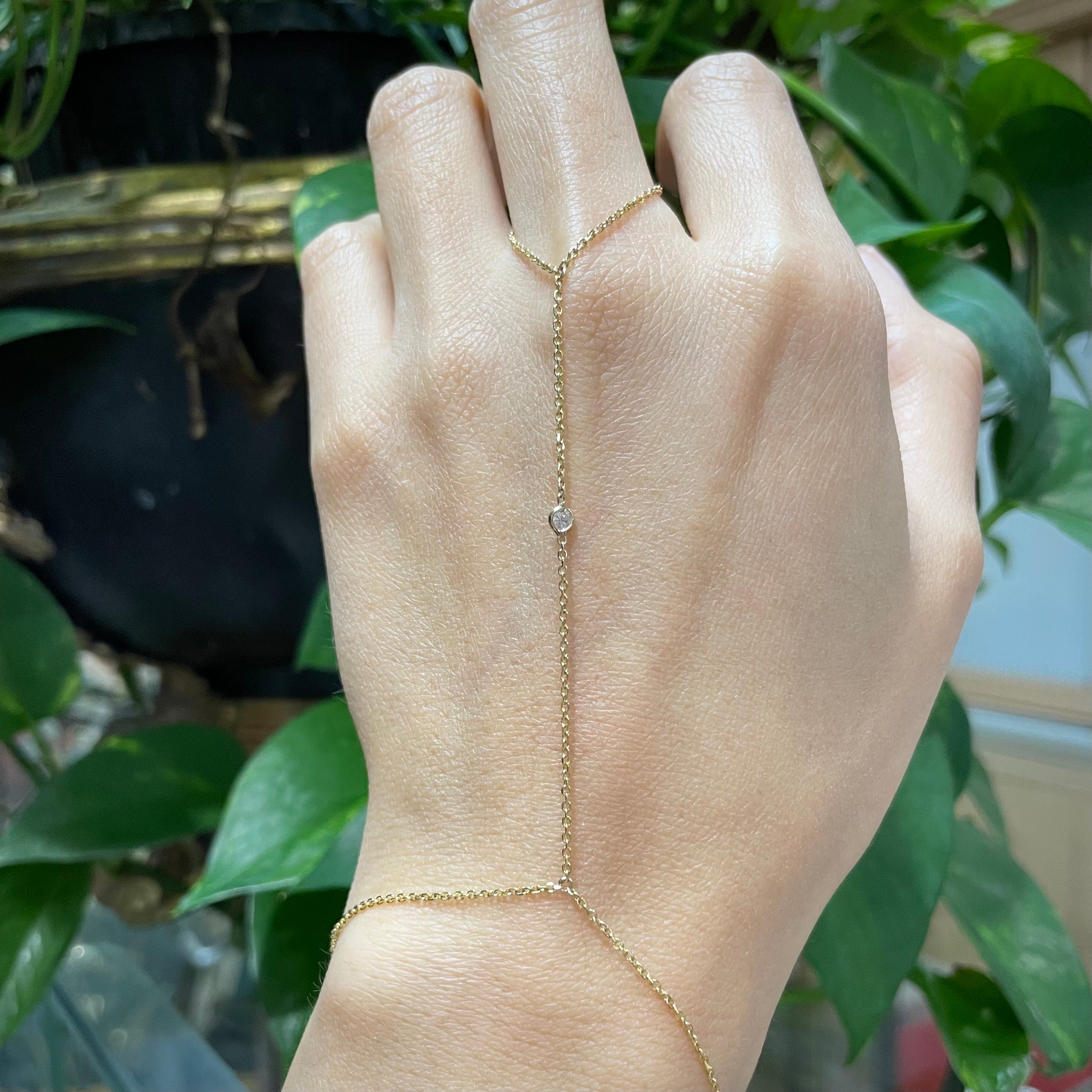 Single Round Diamond 14K Yellow Gold Hand Chain