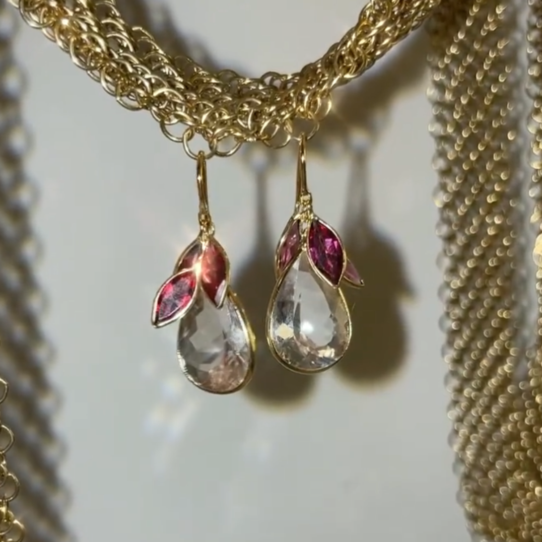 Garnet and Kunzite Pear Drop Earrings 14K Gold