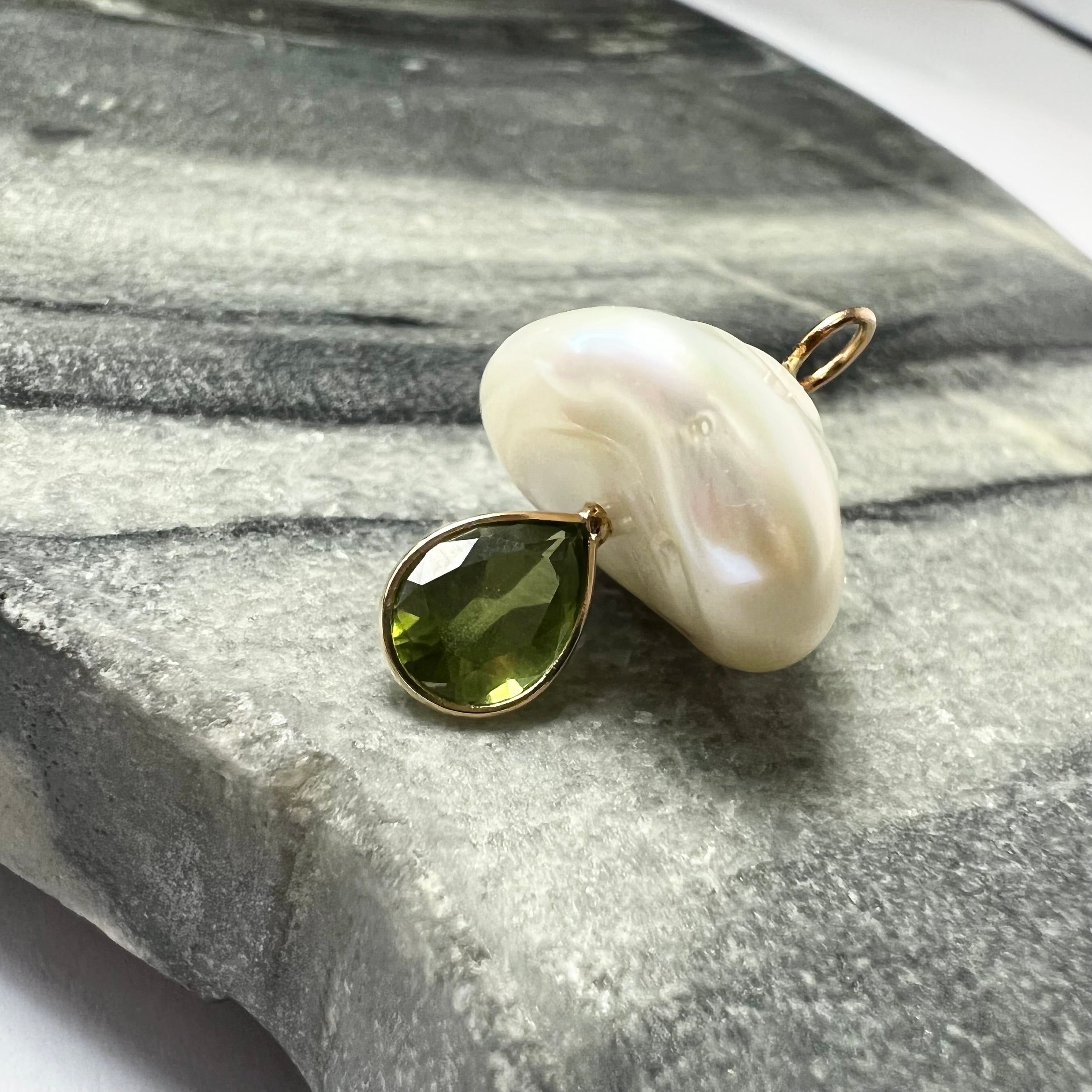 Natural Green Pear Tourmaline and Pearl Mushroom 14K Yellow Gold Pendant Charm 23x16mm