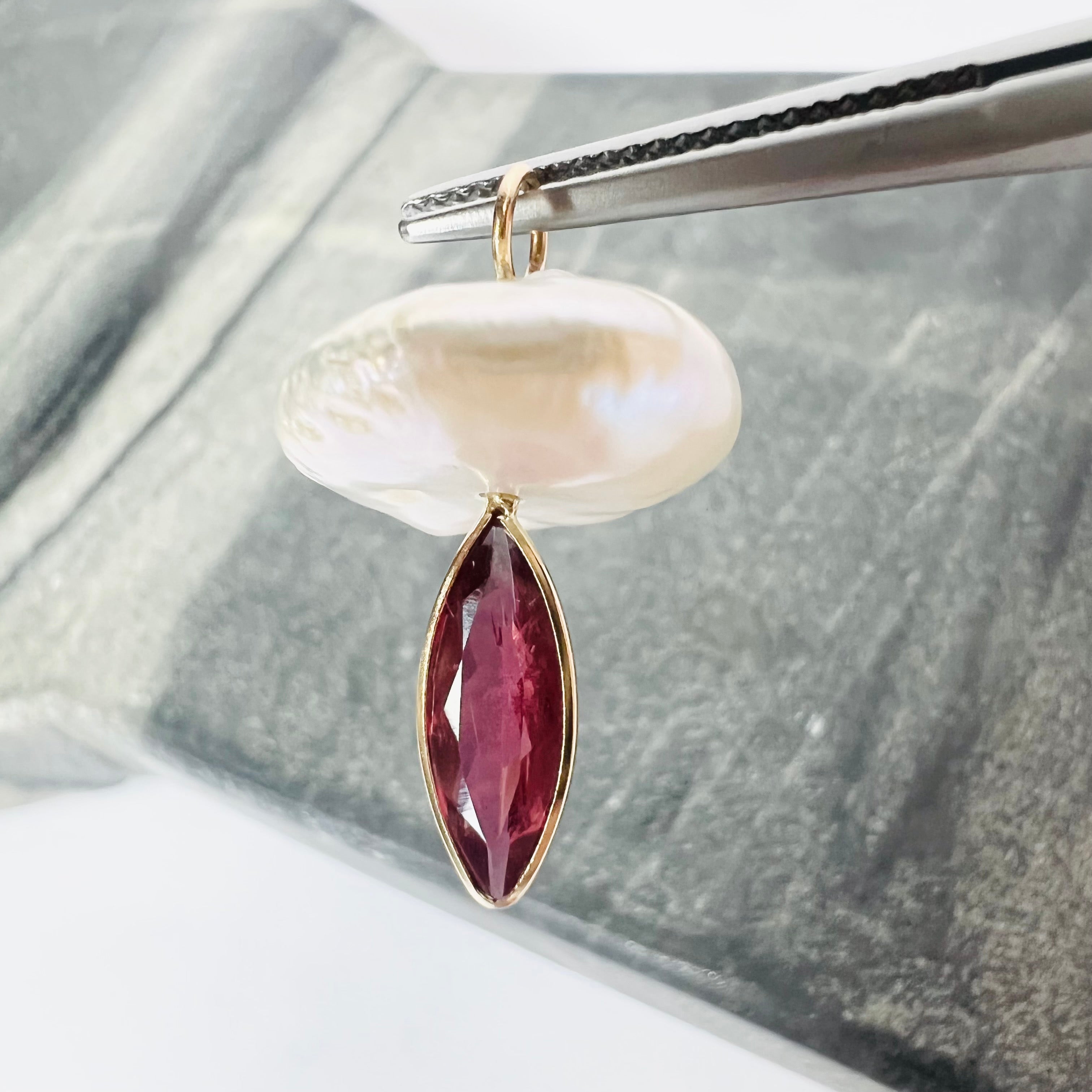 Natural Tourmaline and Pearl Mushroom 14K Yellow Gold Pendant Charm 24x14.50mm