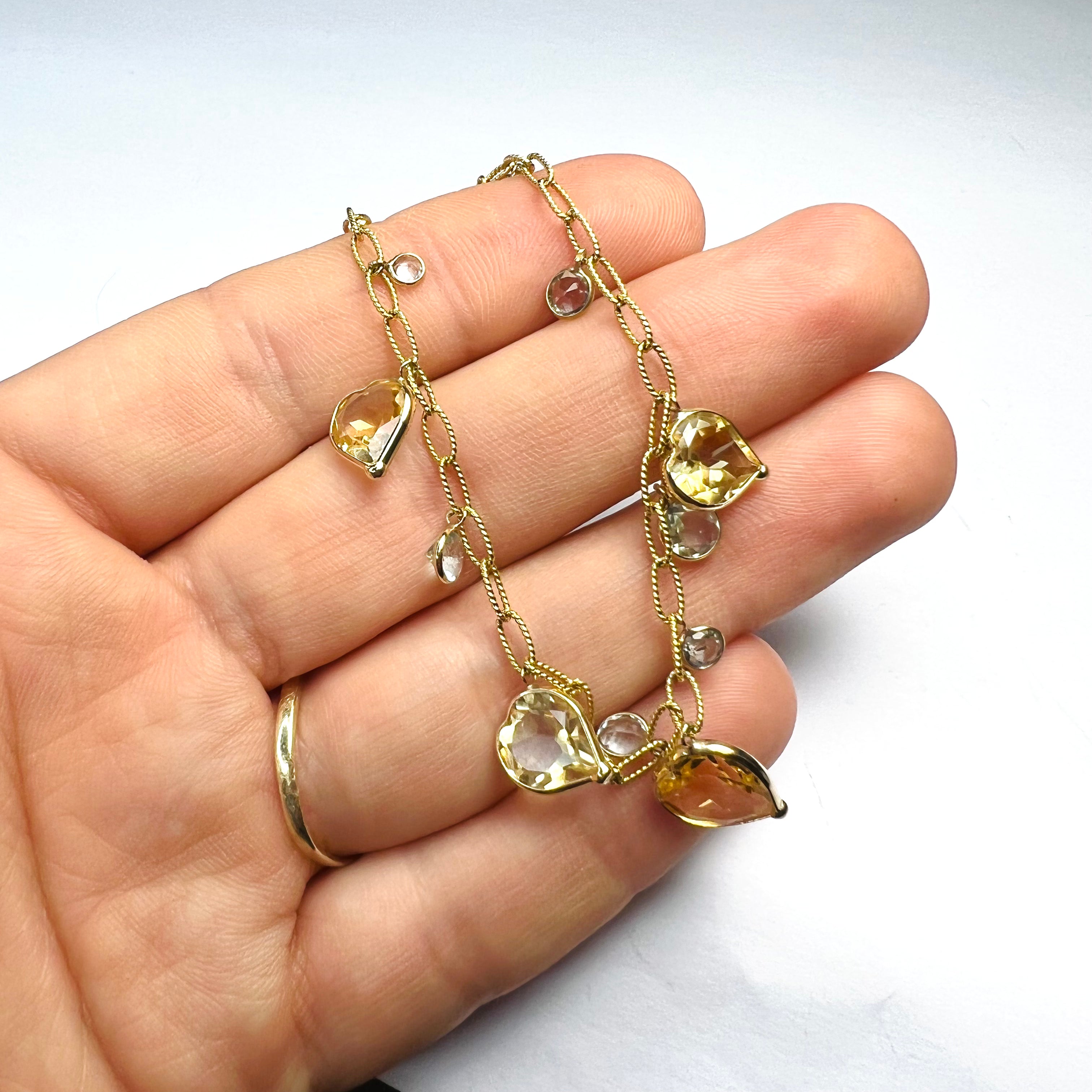 14K Yellow Gold Heart Citrine & Aquamarine Textured Link Bracelet 6.5"