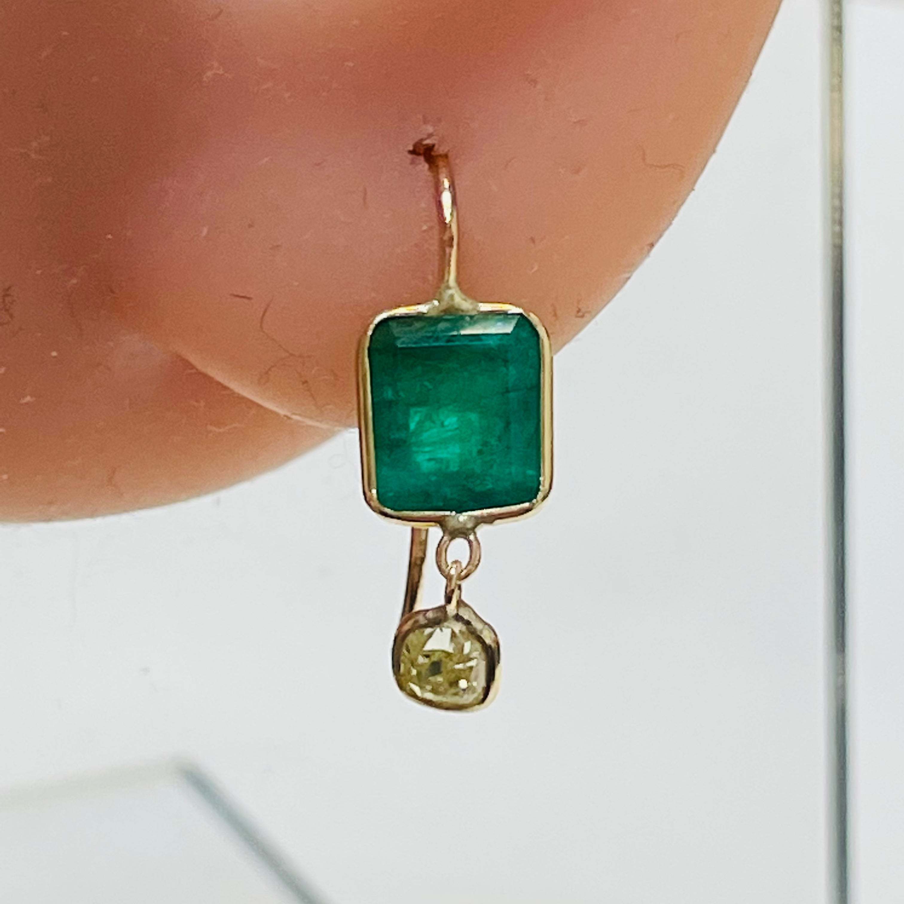 2.7CT Emerald and .30CT Yellow Diamond 14K Yellow Gold Drop Down Earrings