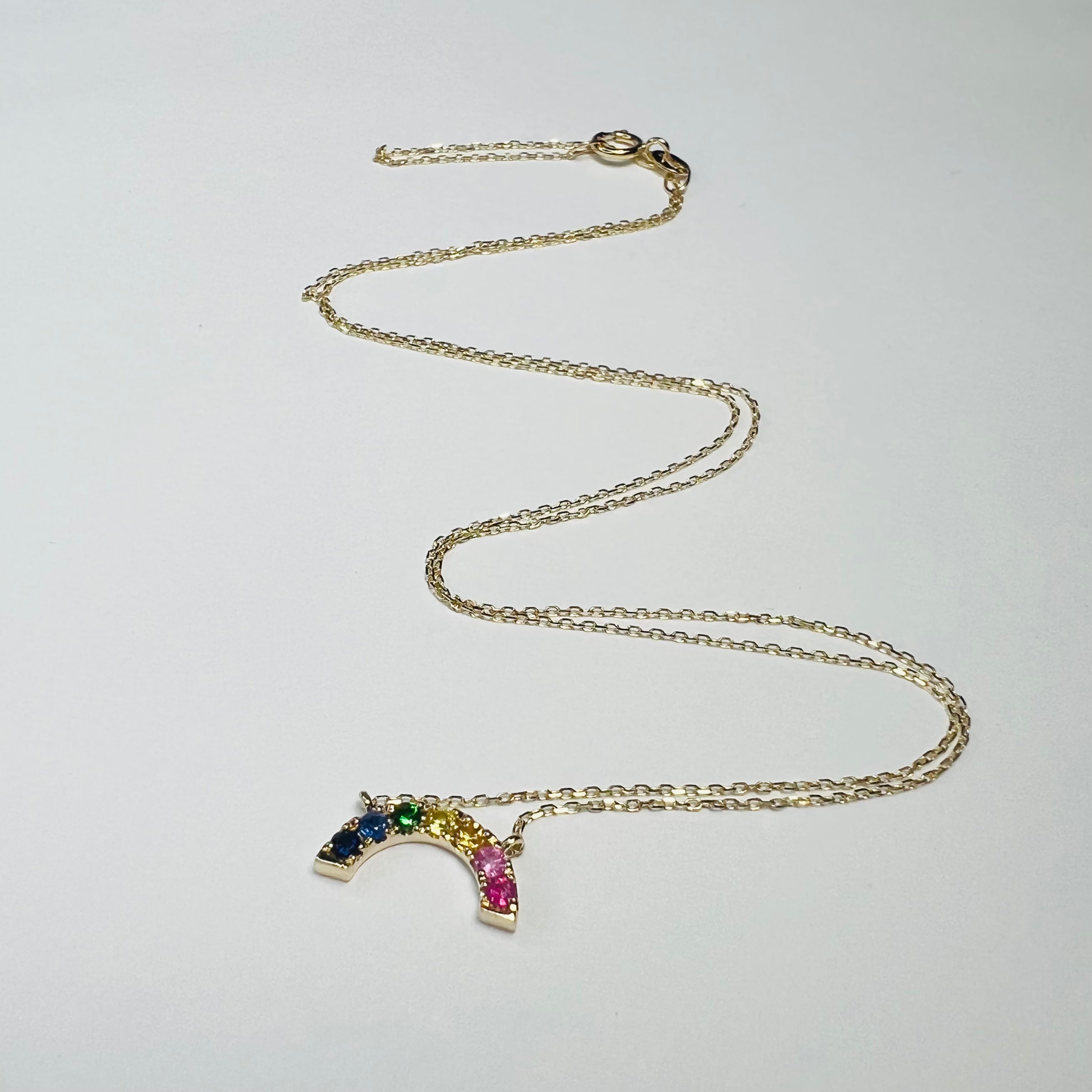 Small Rainbow Sapphire 16"-18" 14K Yellow Gold Necklace Adjustable