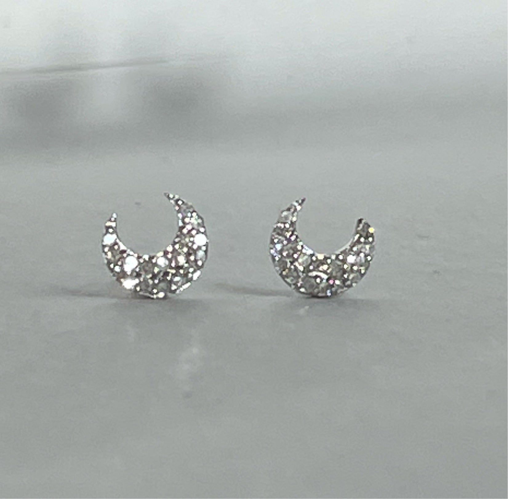 Glittering Diamond and 14K White Gold Celestial Crescent Moon Earrings 6x5mm