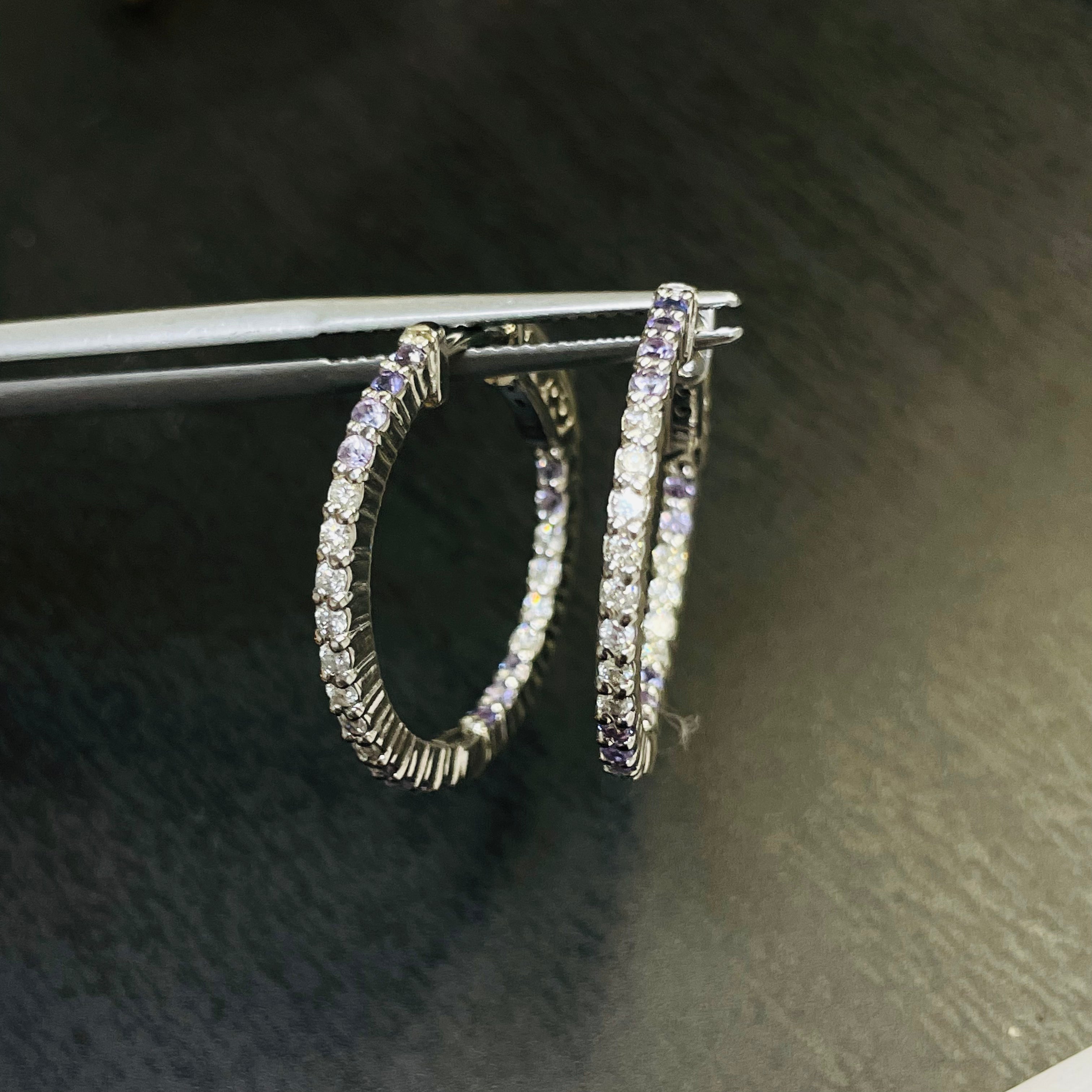 .90” Diamond and Purple Ombre Sapphire 14K White Gold Inside Outside Hoop Earrin