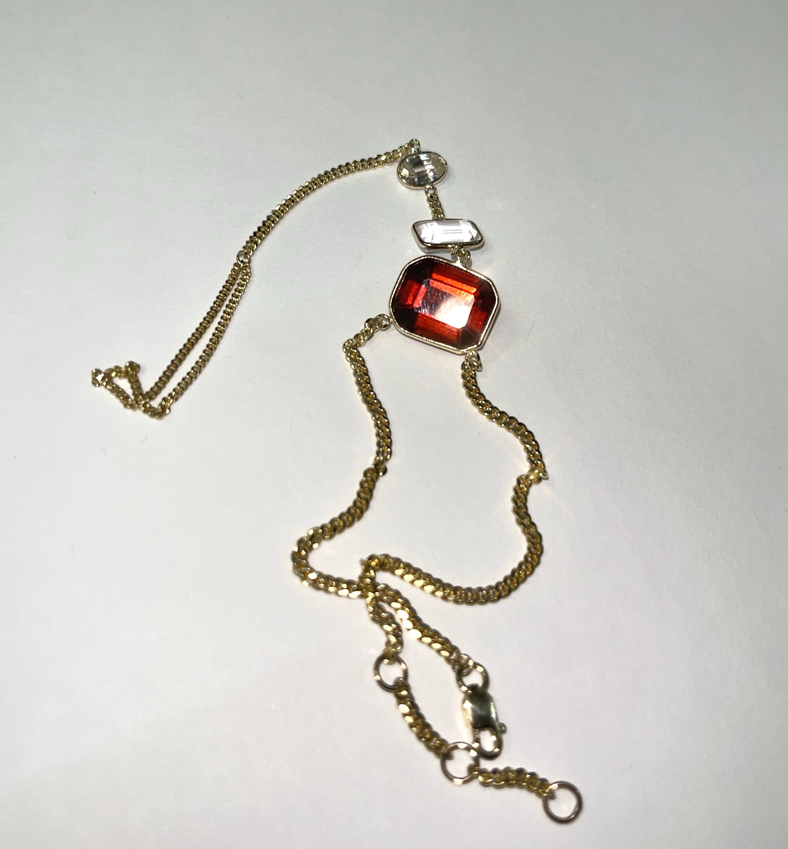 Red Labradorite, Kunzite and White Sapphire Hand Chain 14K Yellow Gold Curb Link