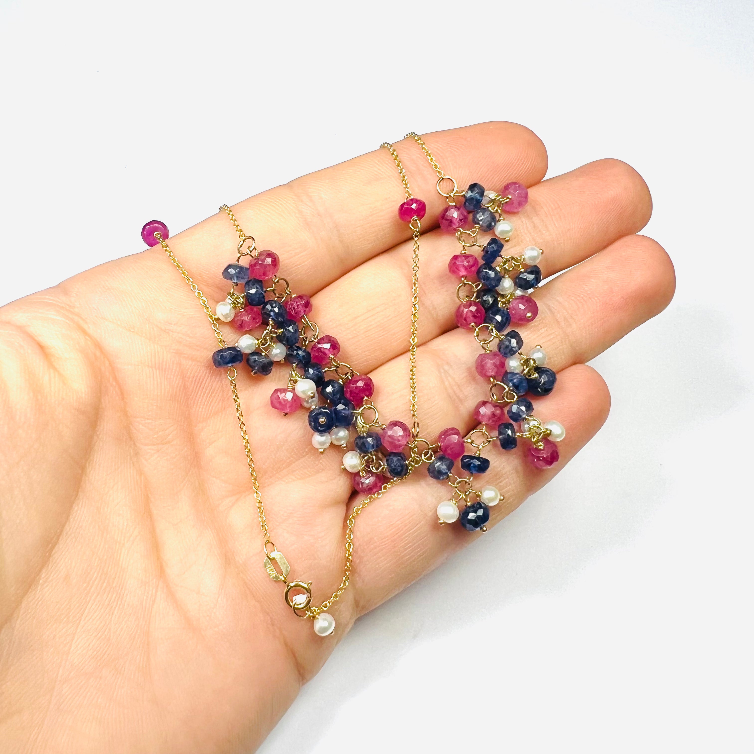 Ruby and Sapphire Beaded Dangle 14K Yellow Gold Necklace