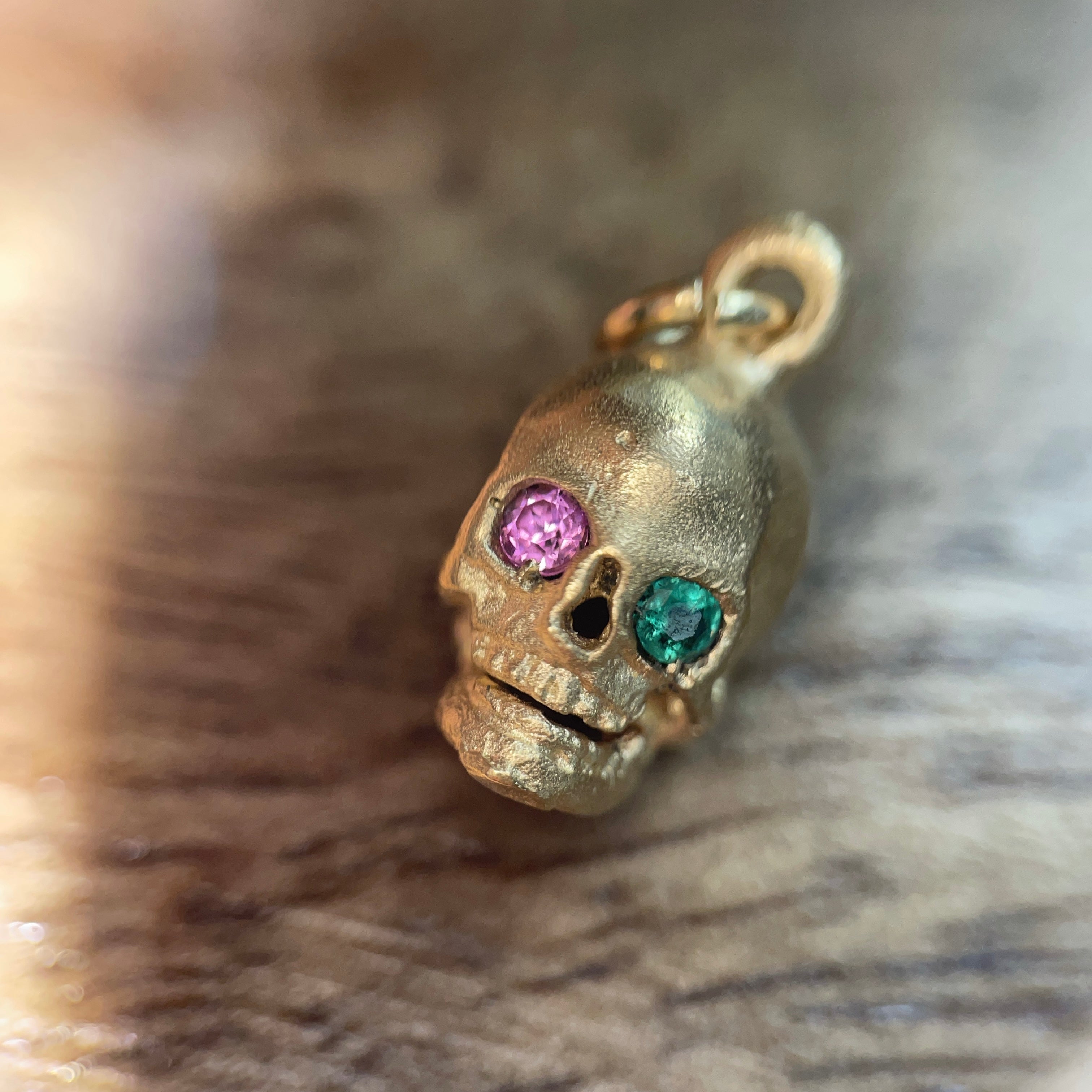 Solid 18K Large Pink Sapphire and Emerald Skull Charm