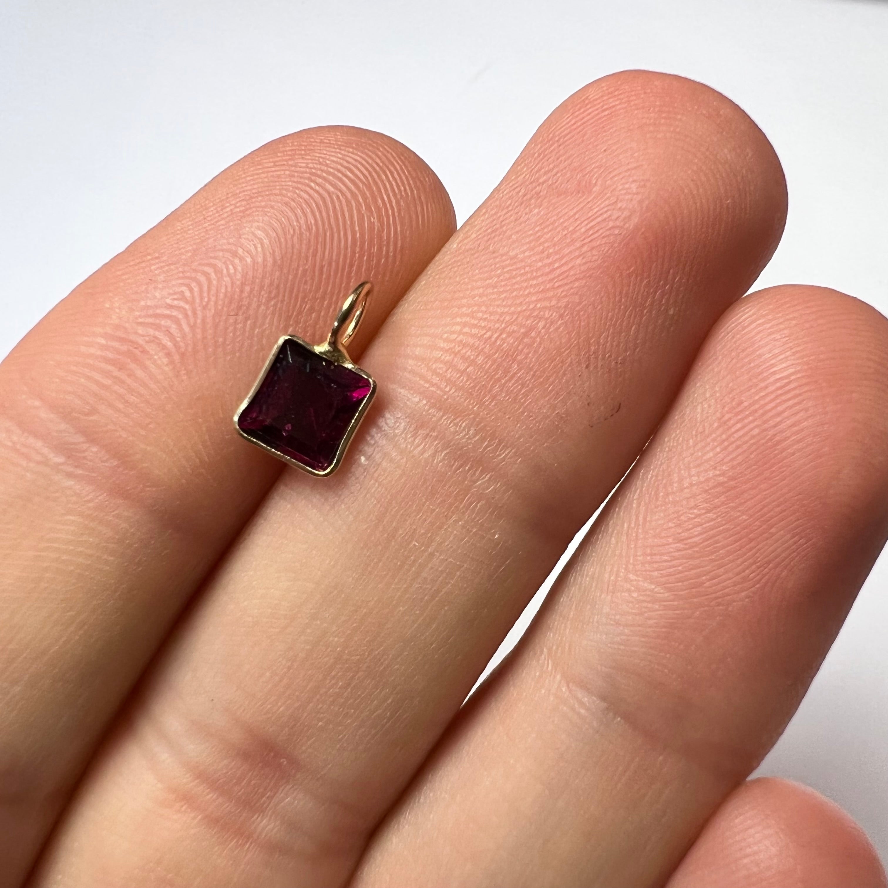 Natural Rhodolite Garnet Ascher Cut 14K Yellow Gold Pendant Charm 10x6mm