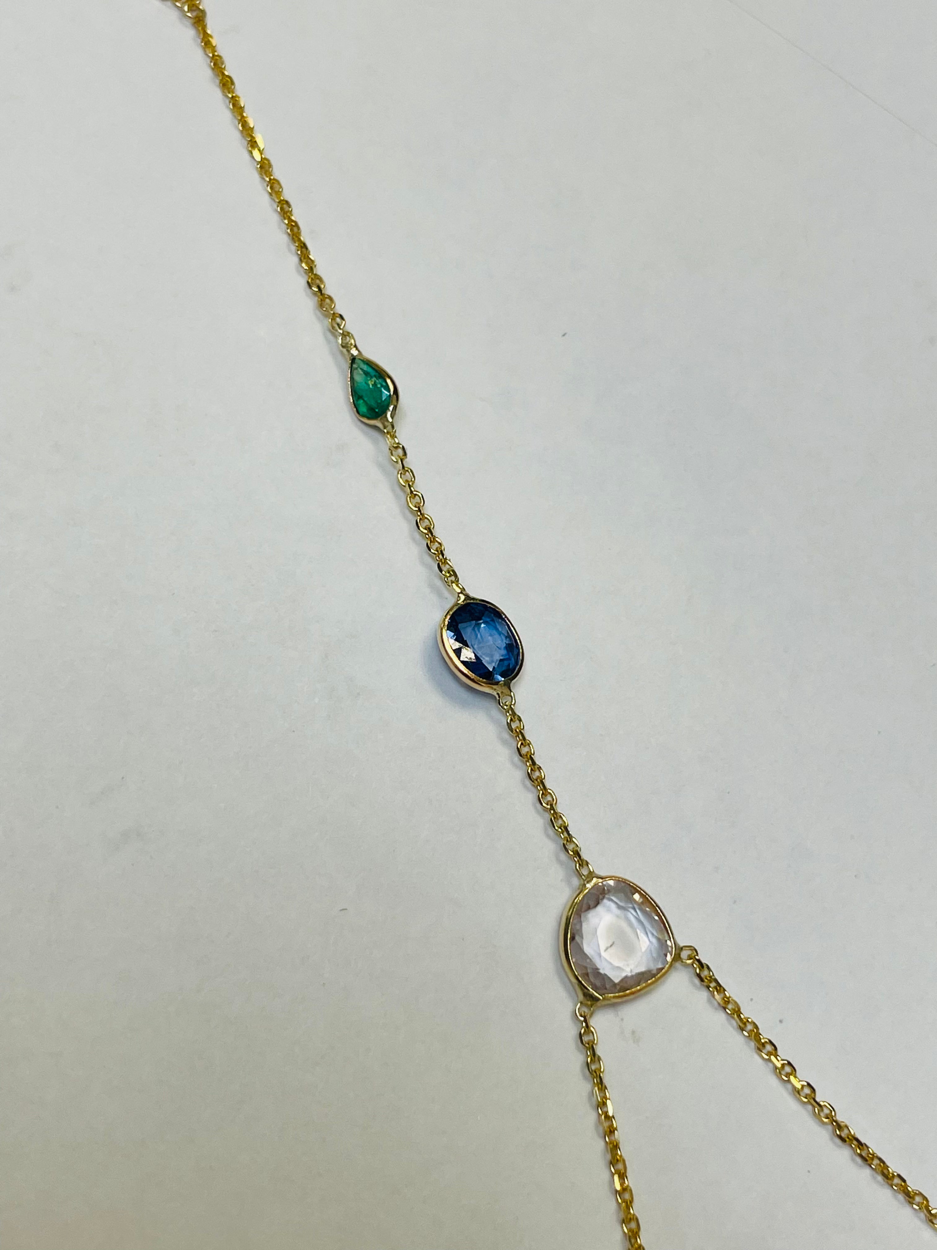 Rose Cut Sapphire, Blue Sapphire and Emerald Hand Chain Solid 14k Yellow Gold