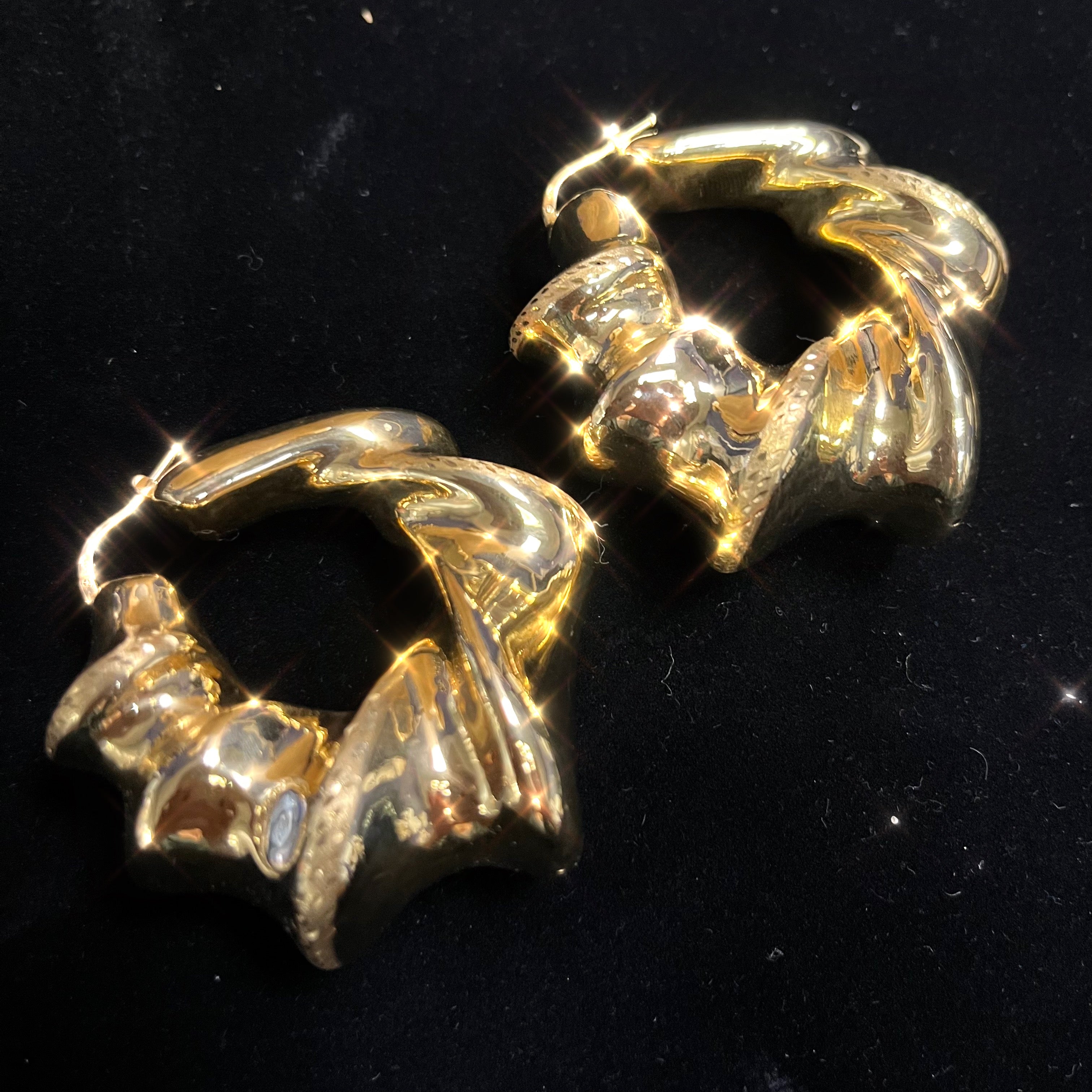 Huge Textured 14K Yellow Gold Puffy Sleek Hoop Earrings