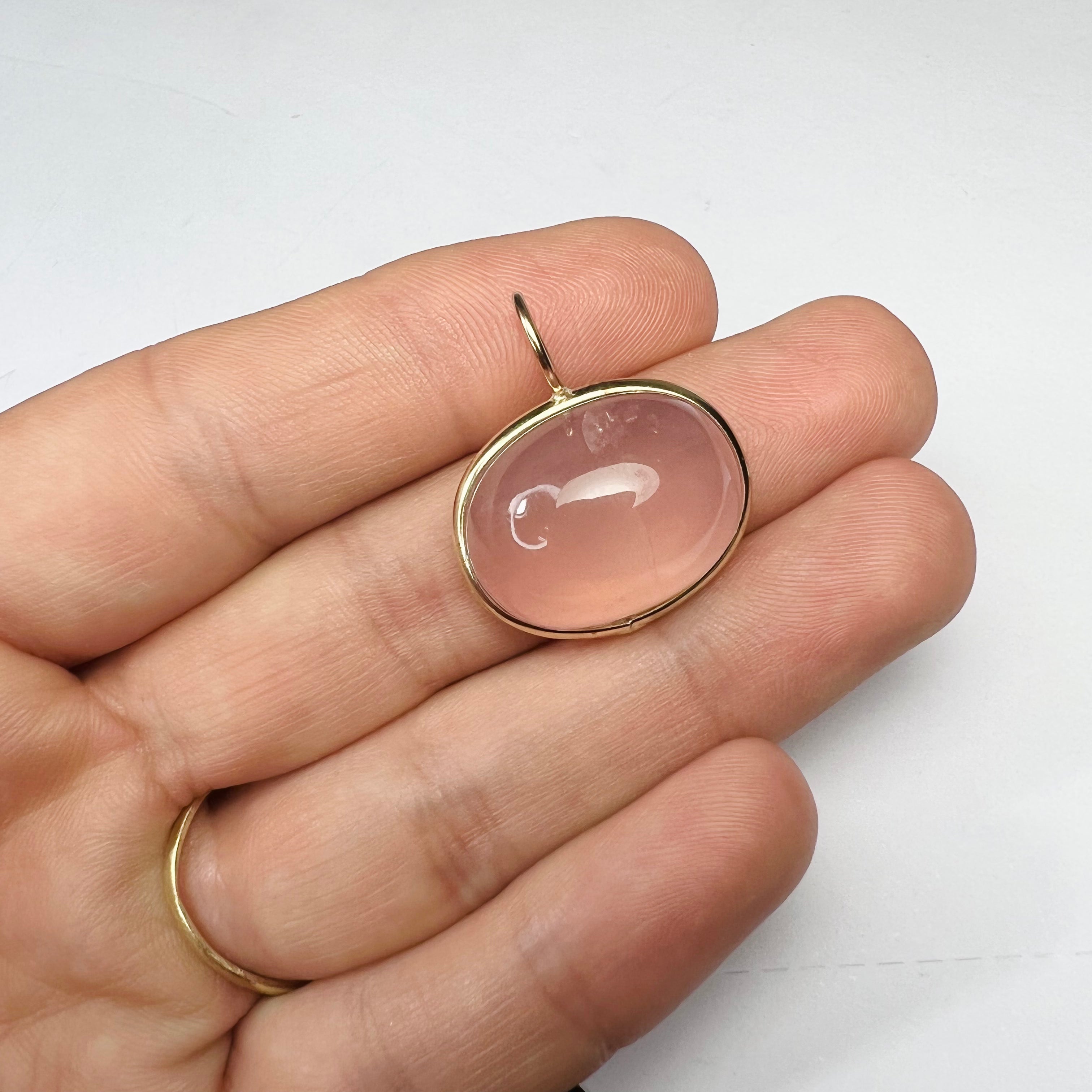 28CT Natural Cabochon Rose Quartz 14K Yellow Gold Pendant Charm 25x23mm