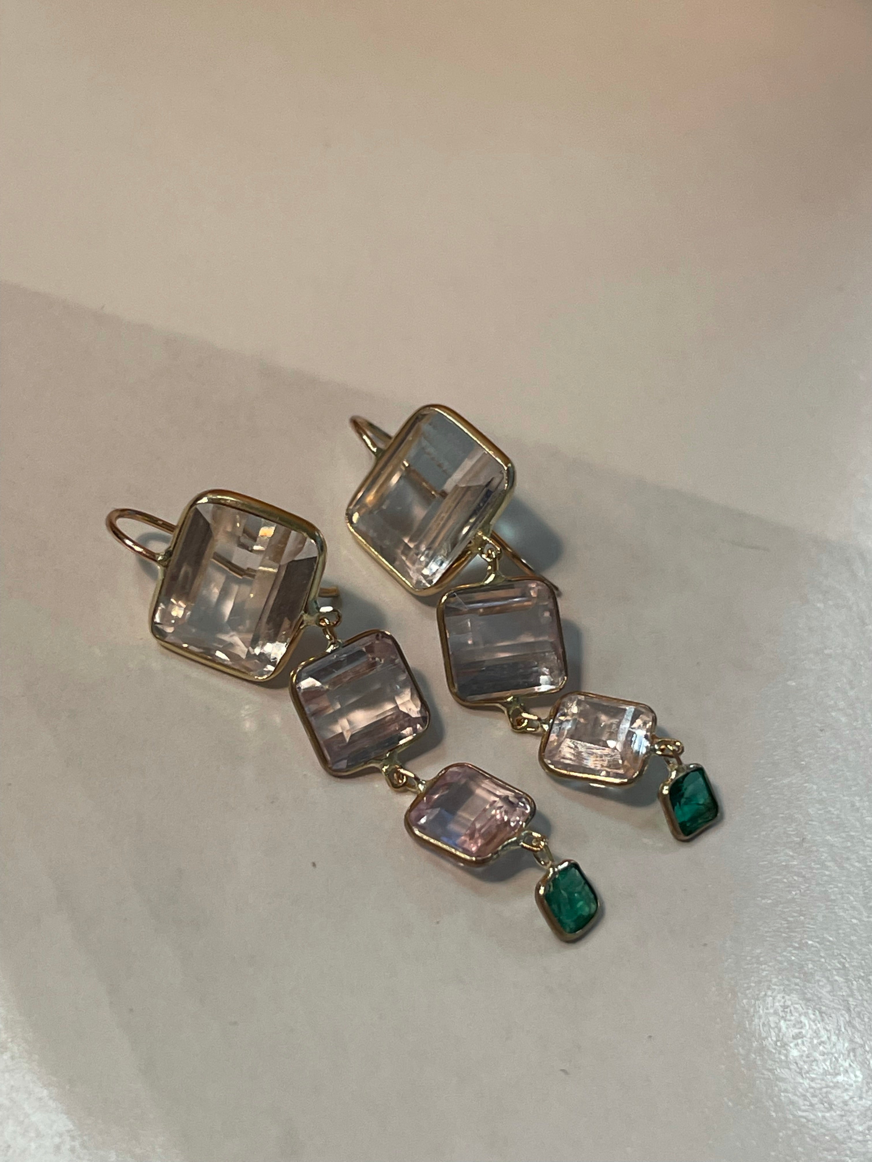 Kunzite and Colombian emerald drop earrings