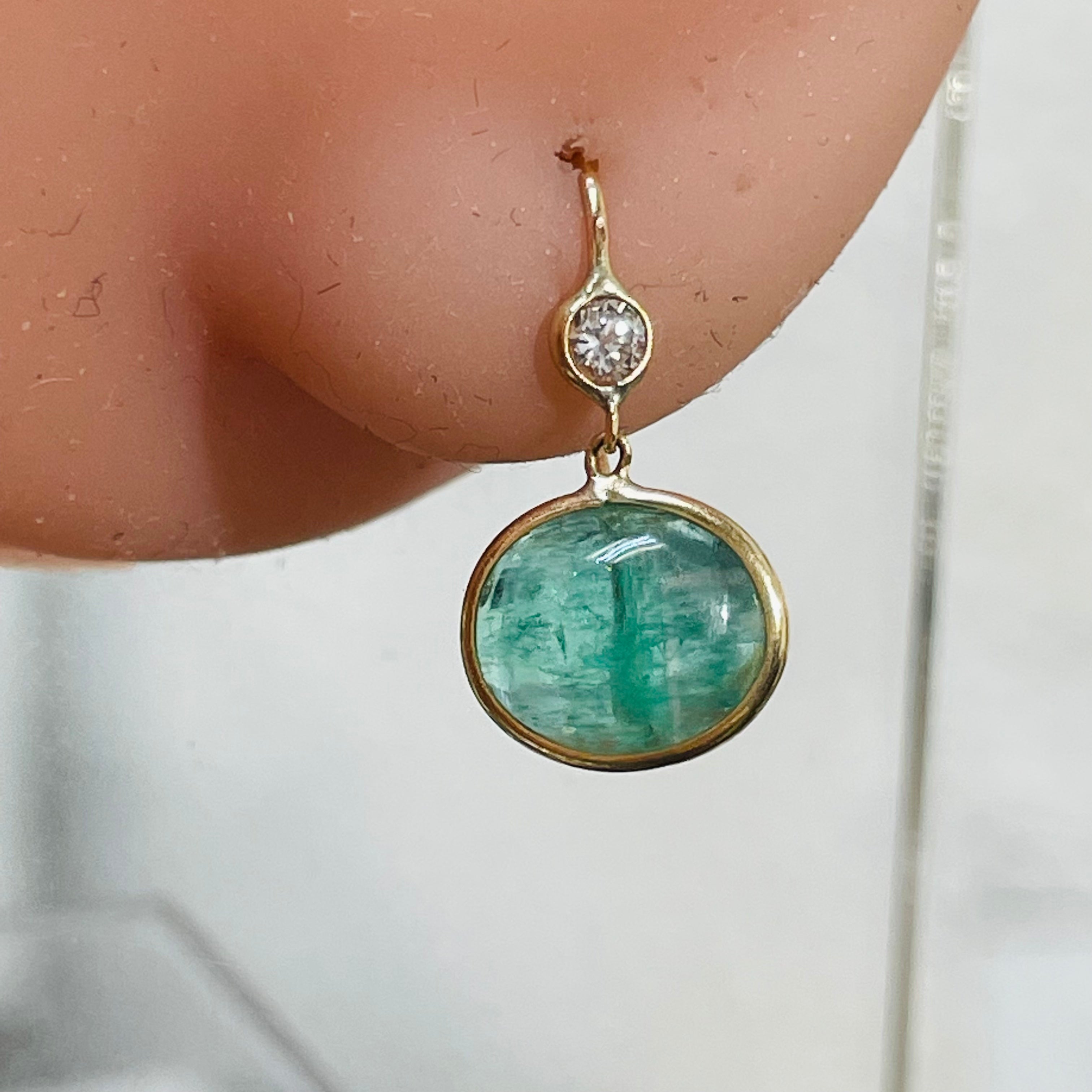 Emerald Cabochon and Diamond 14K Yellow Gold Drop Down Earrings