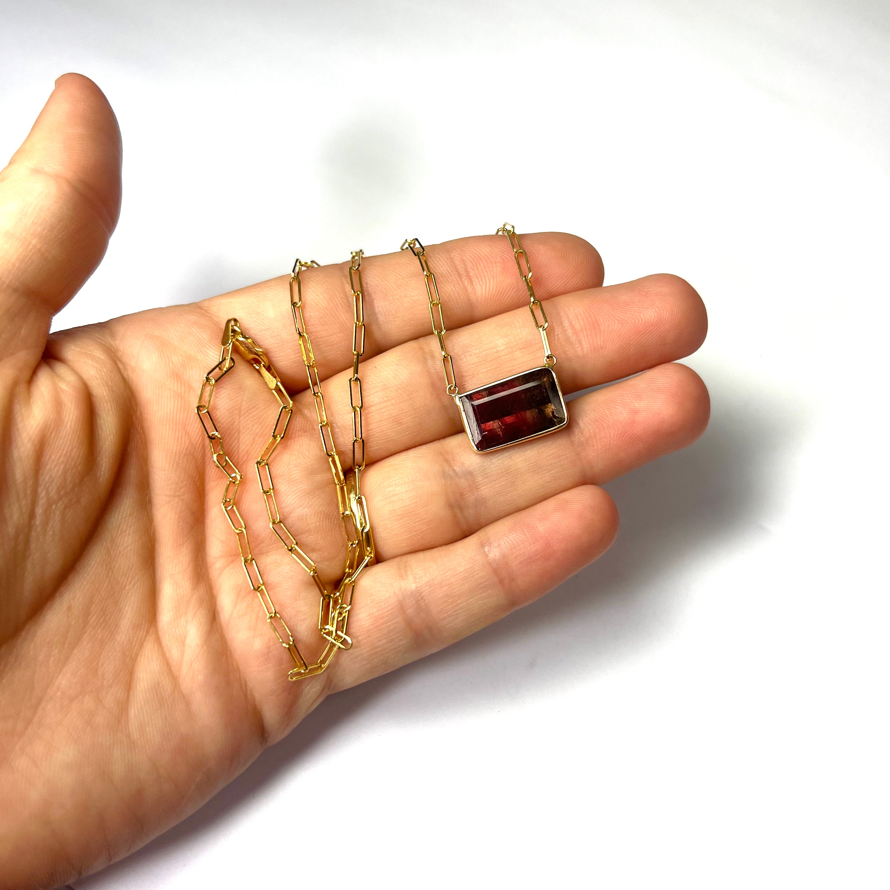 Red Tourmaline 18" 14K Yellow Gold Paperclip Necklace