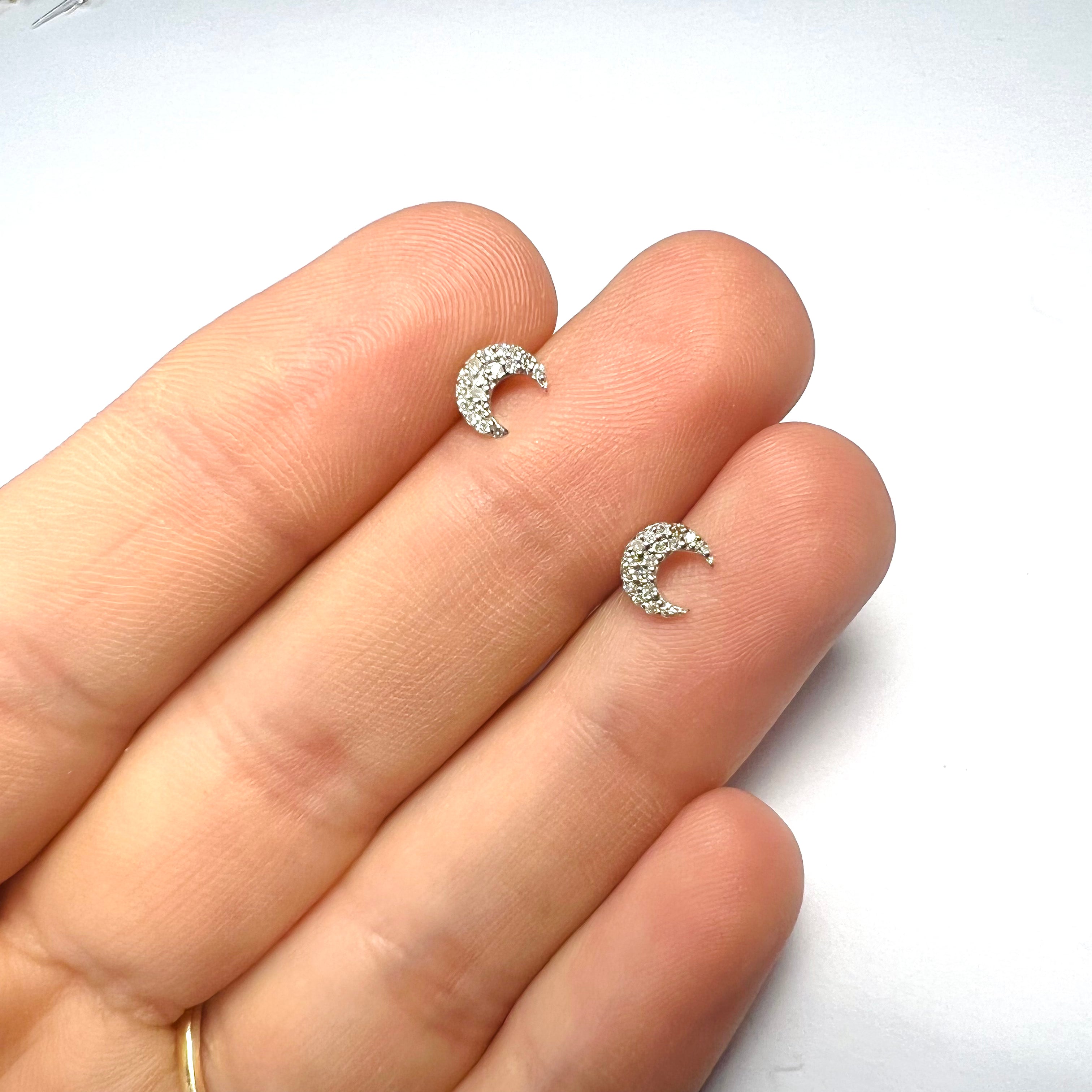 Glittering Diamond and 14K White Gold Celestial Crescent Moon Earrings 6x5mm