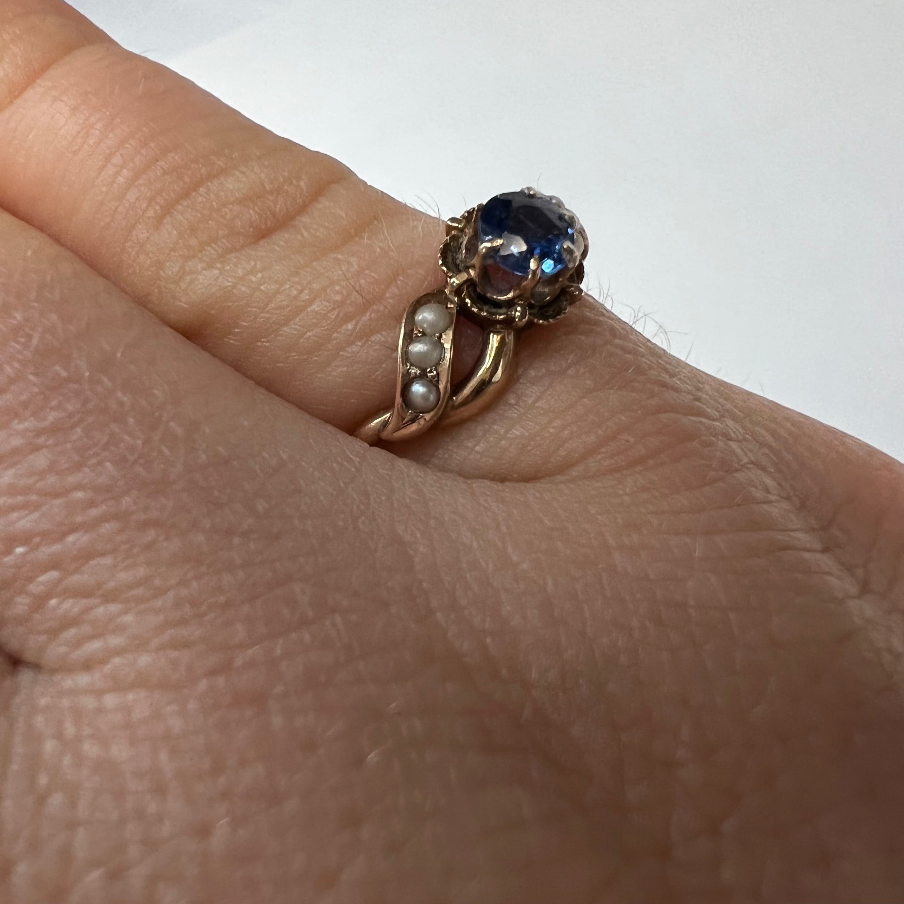 Antique 10K Rose Gold Sapphire and Pearl Ring Size 6.5