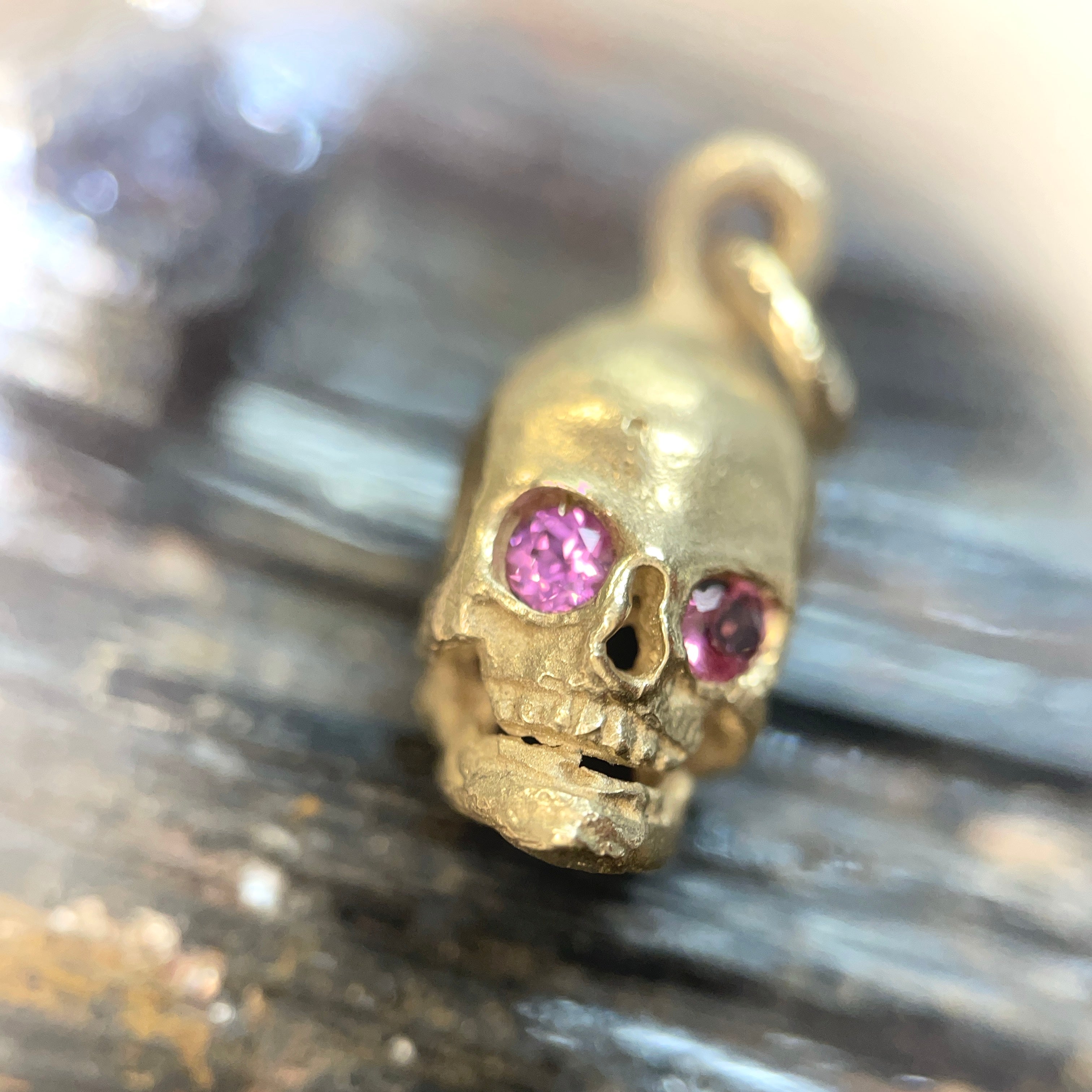 Solid 18K Large Pink Sapphire Skull Charm