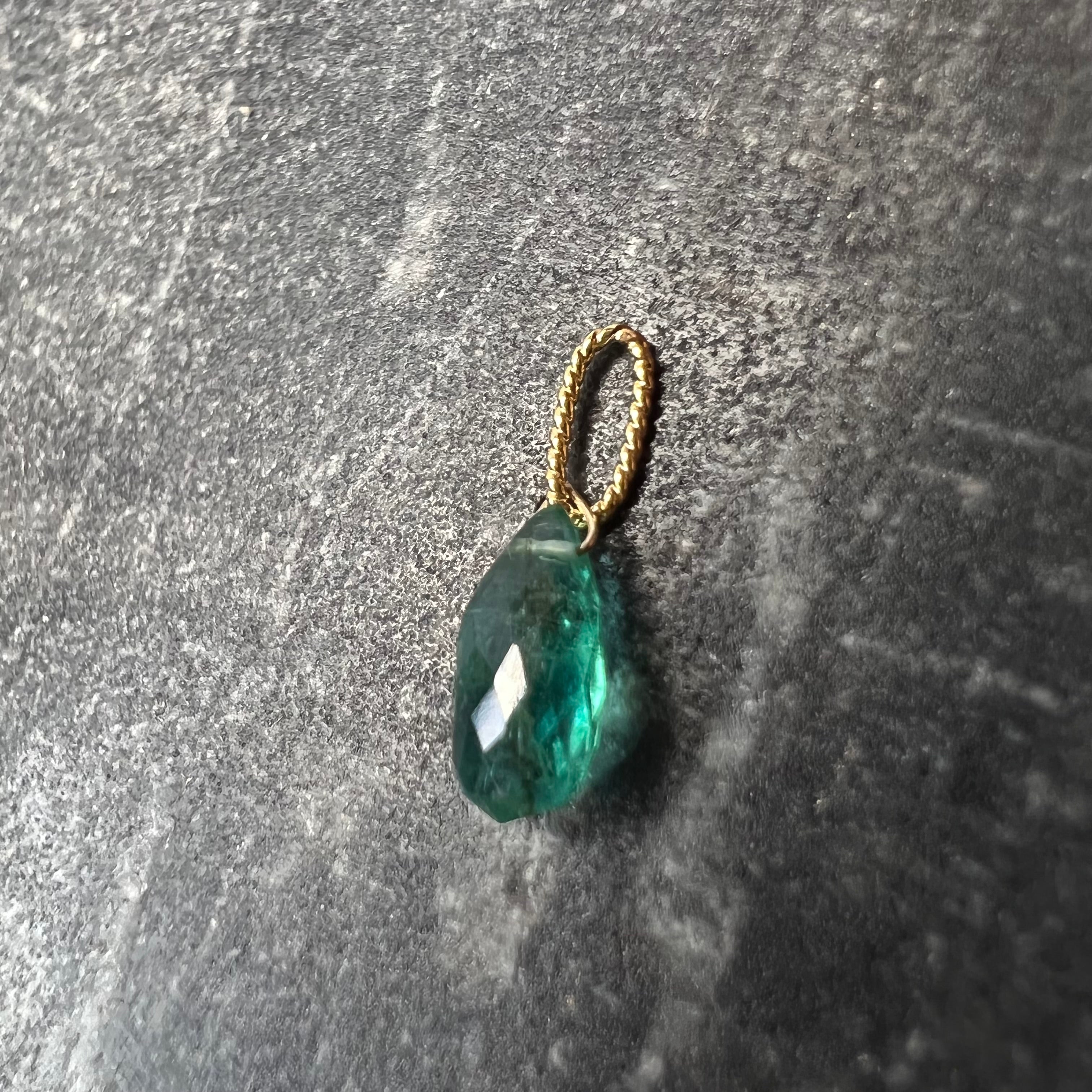 .75ct Solid 14K Yellow Gold Briolette Emerald Twisted bail Charm 8x3.85x3.17mm
