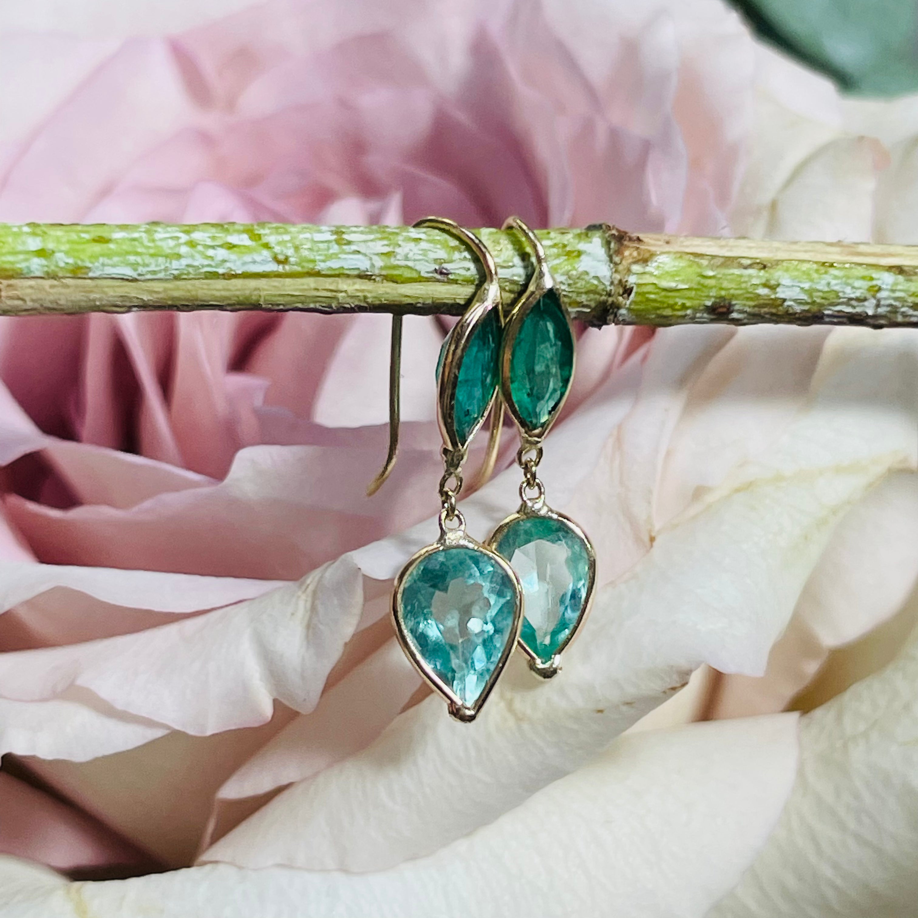 Natural Colombian Emerald Dark and Light Green 14K Yellow Gold Drop Earrings