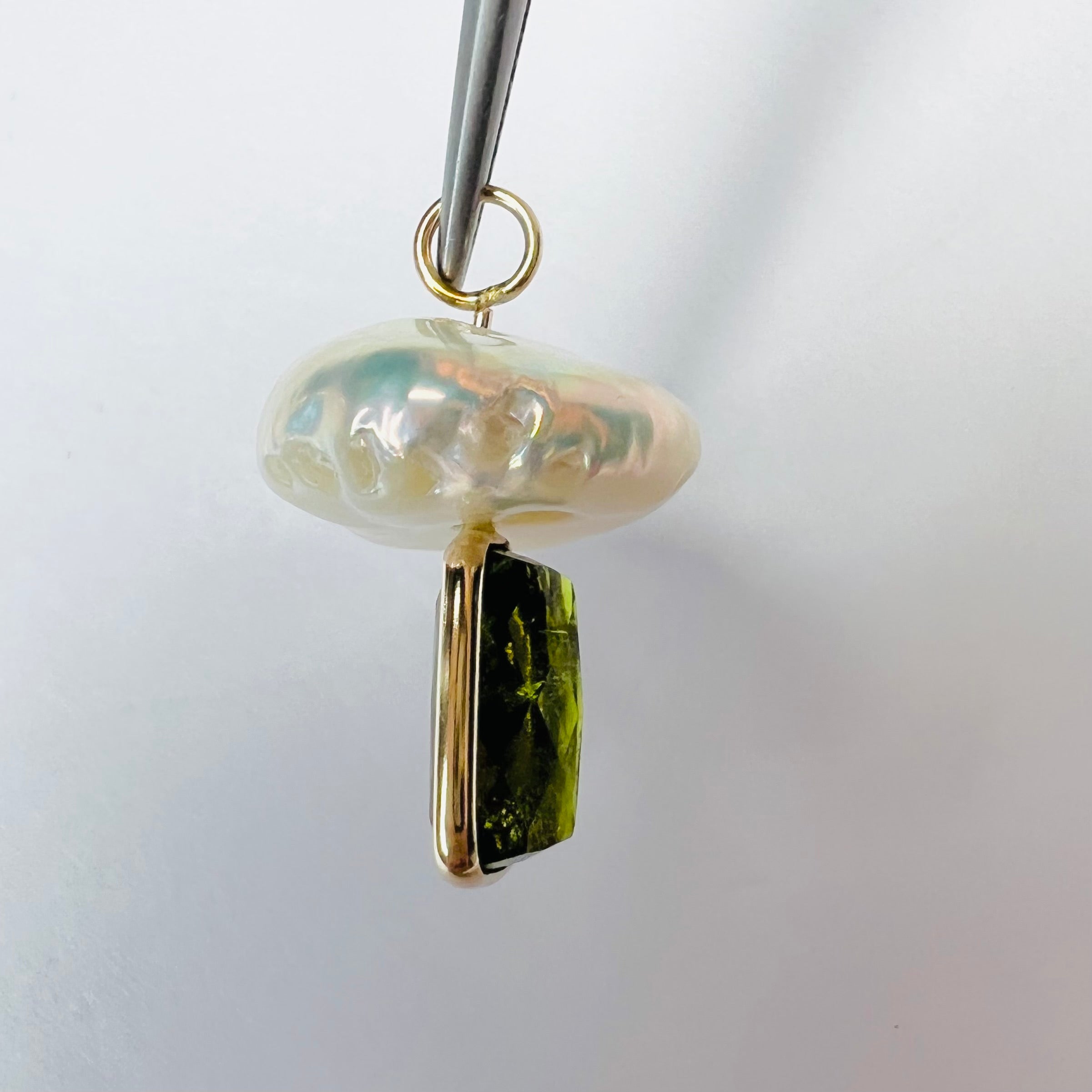 Natural Green Tourmaline and Pearl Mushroom 14K Yellow Gold Pendant Charm 23x14mm