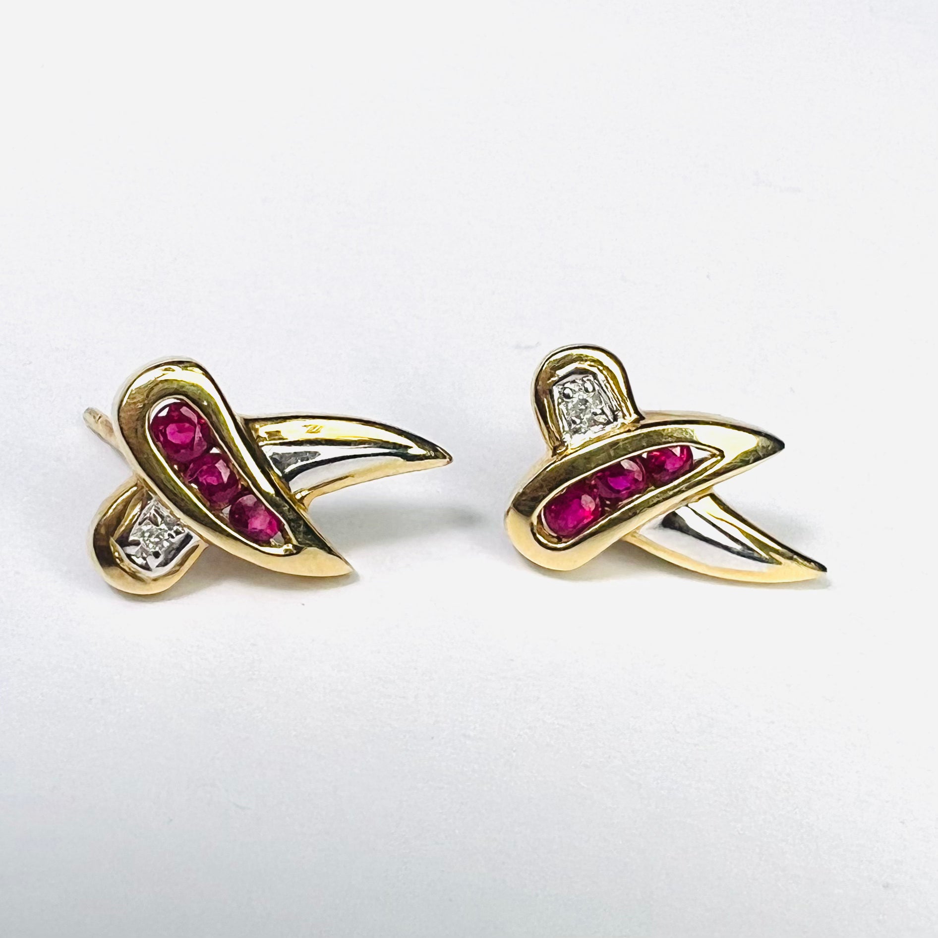 14K White And Yellow Gold .33ct Ruby & .01ct Diamond Cross Earring Pushback Studs 13x8mm