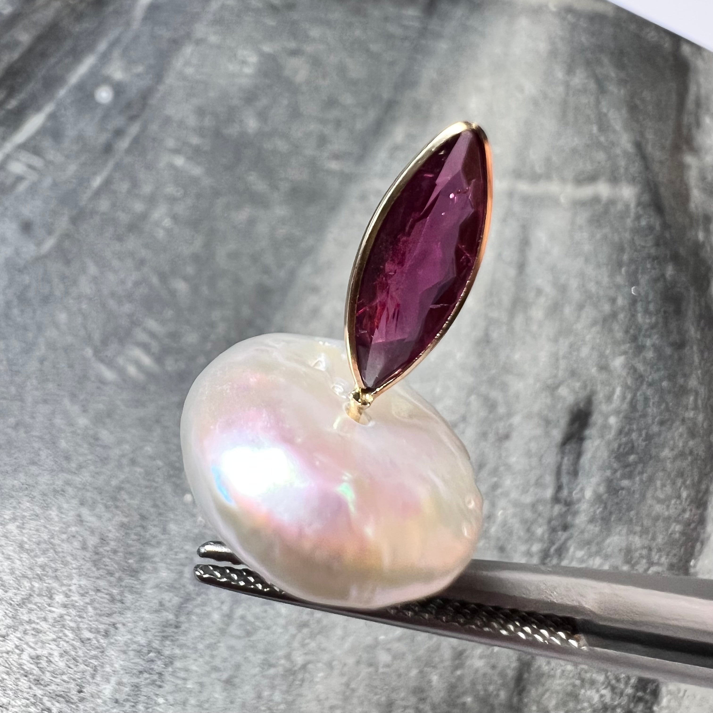 Natural Tourmaline and Pearl Mushroom 14K Yellow Gold Pendant Charm 24x14.50mm