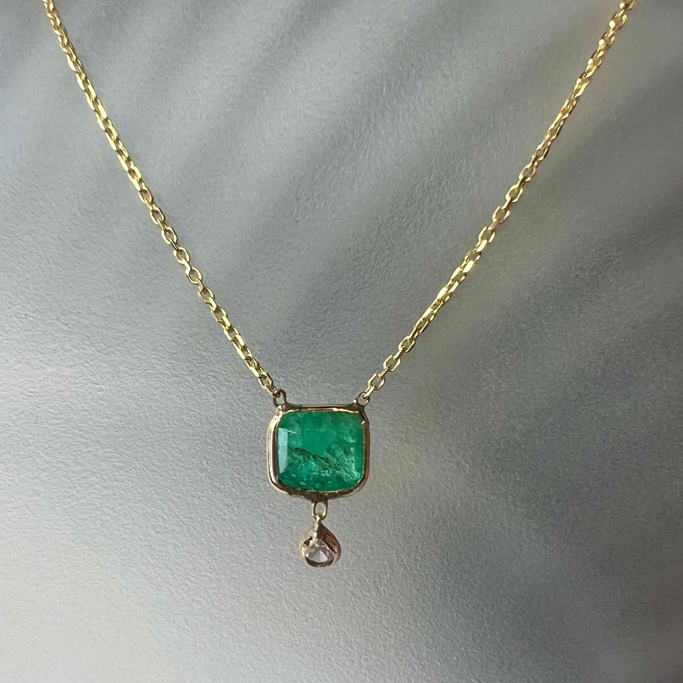 Emerald and Pear Diamond 15" 14K Yellow Gold Cable Chain Necklace