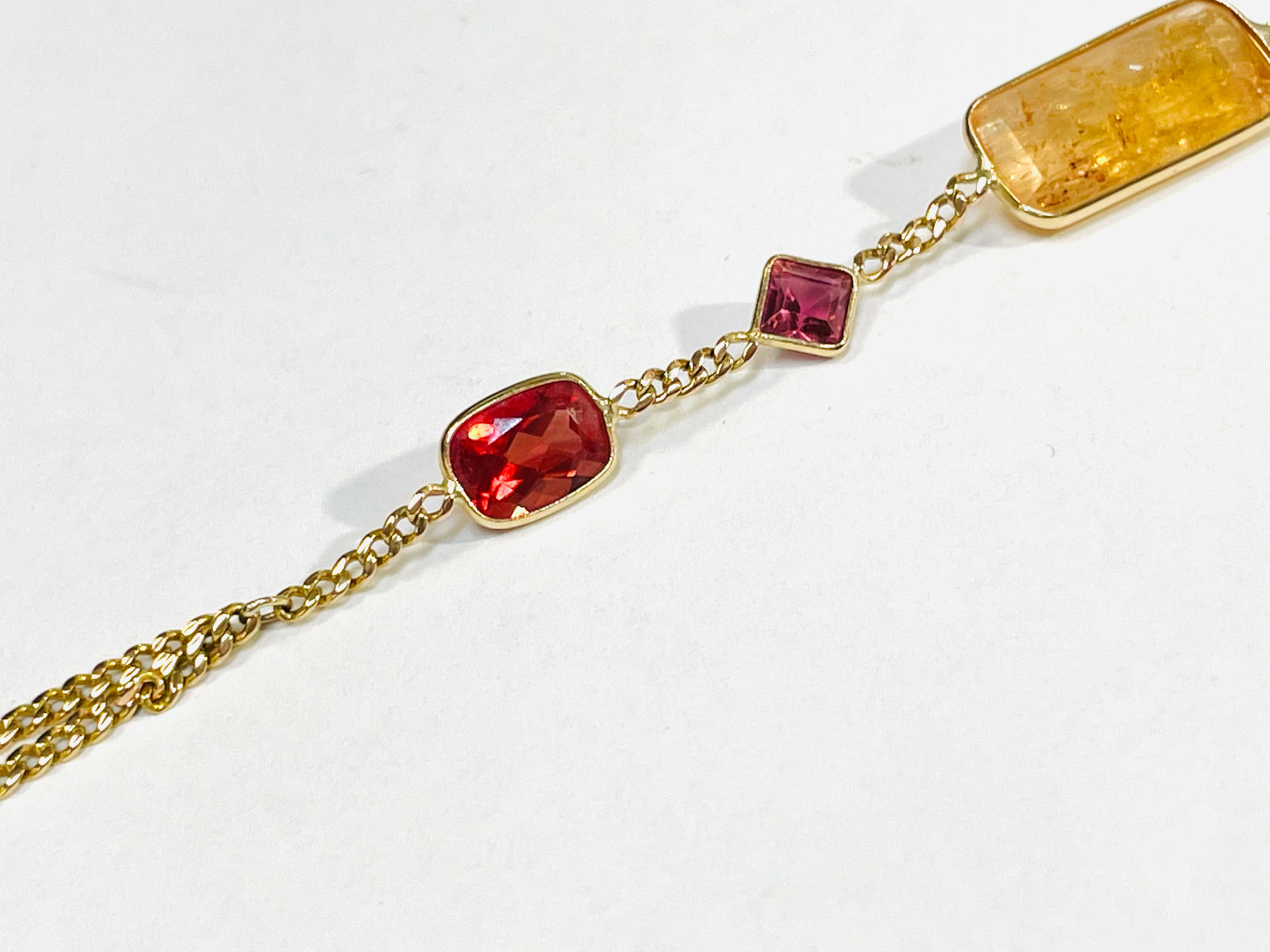 Red Labradorite Pink Tourmaline Imperial Topaz Handchain in solid 14k Yellow Gol