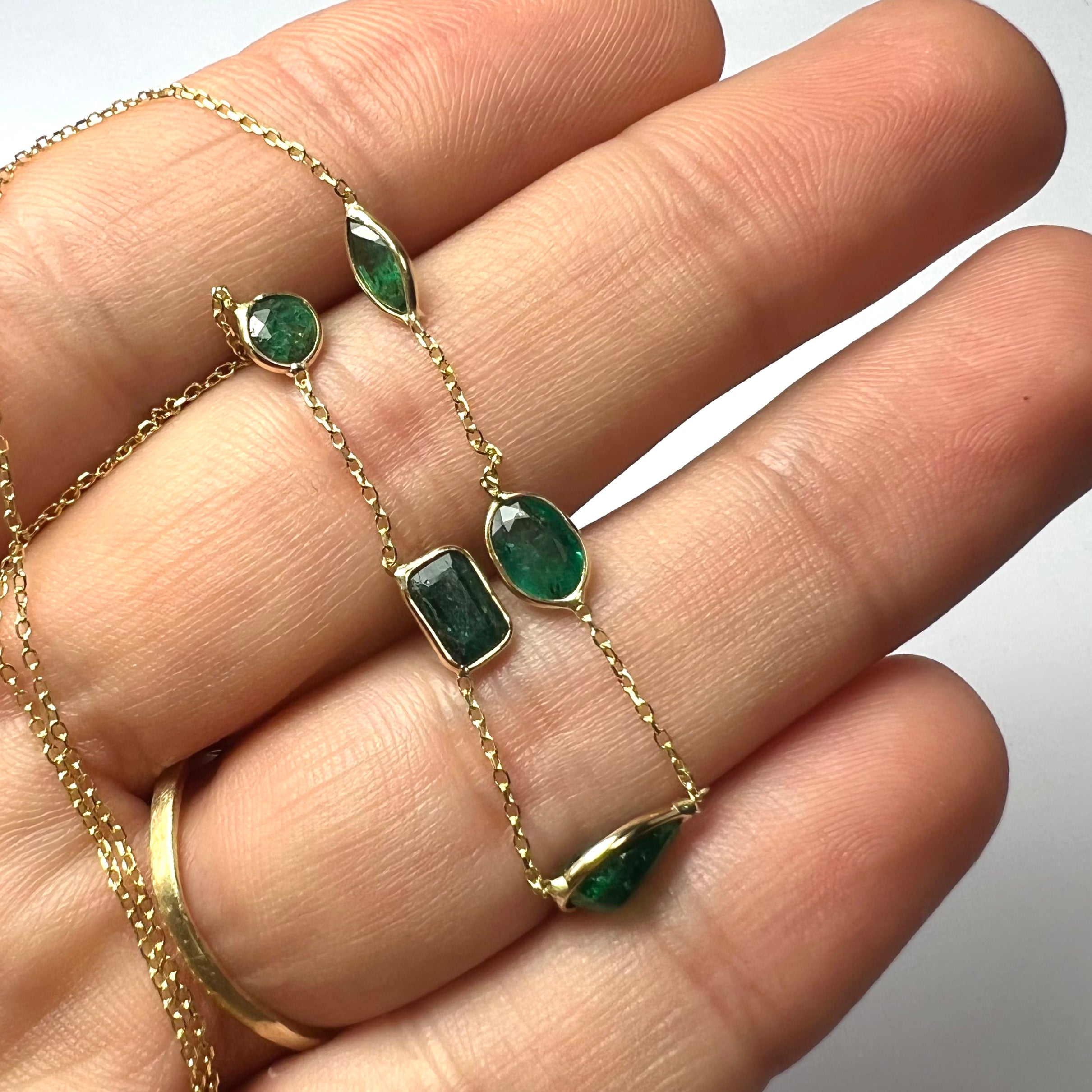 Deep Green Emeralds 16" 14k Yellow Gold Stationed Necklace
