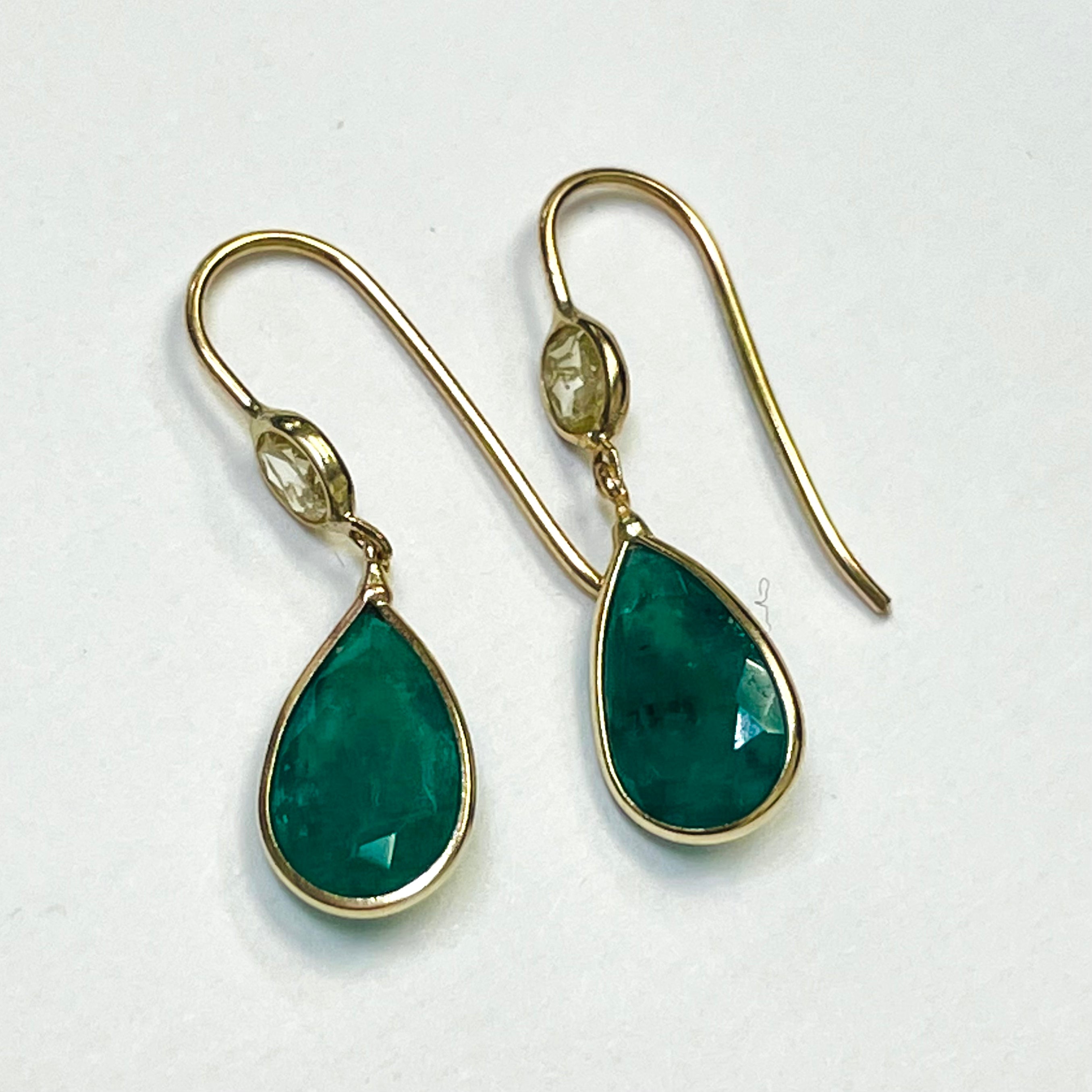 2.3CT Emerald and.28CT Oval Yellow Diamond 14K Yellow Gold Drop Down Earrings