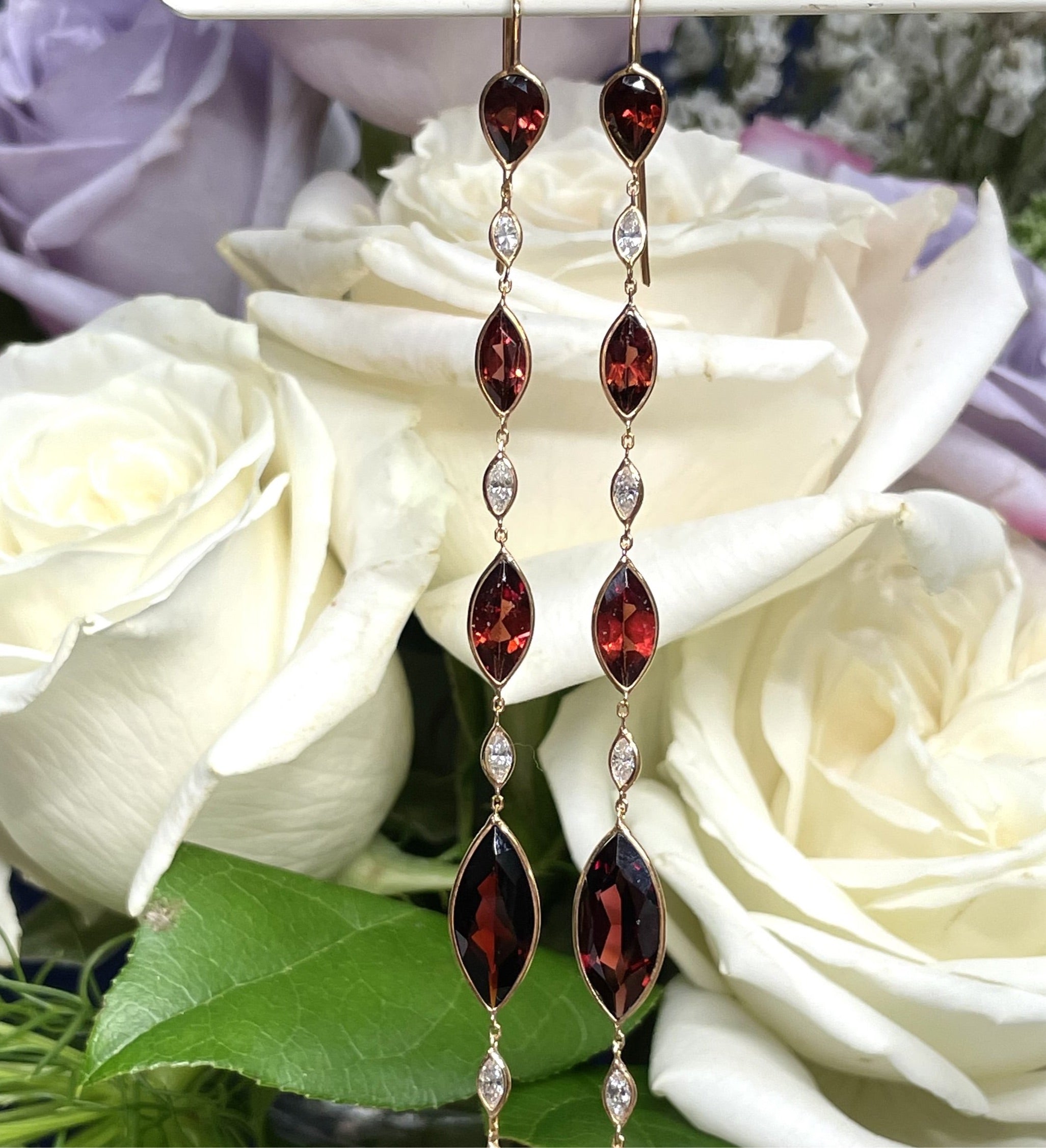Long Garnet Diamond Earrings