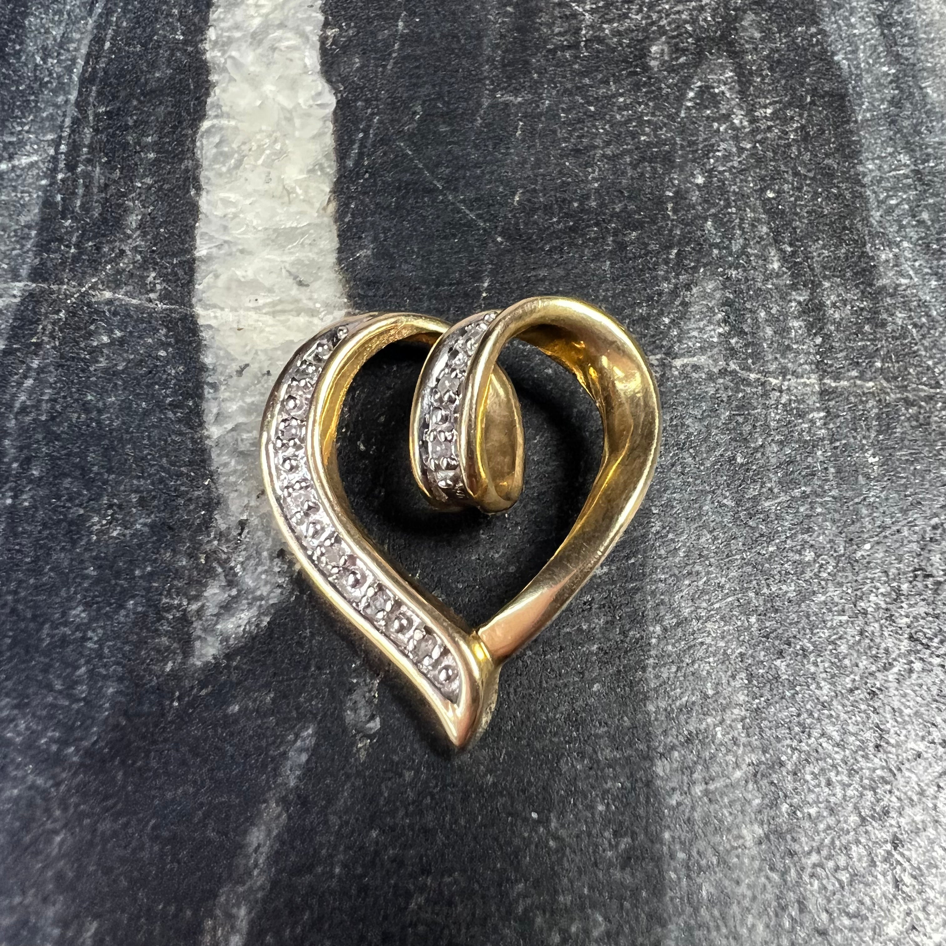 Solid 10K Yellow Gold Diamond Pave Heart Pendant Slide .87"
