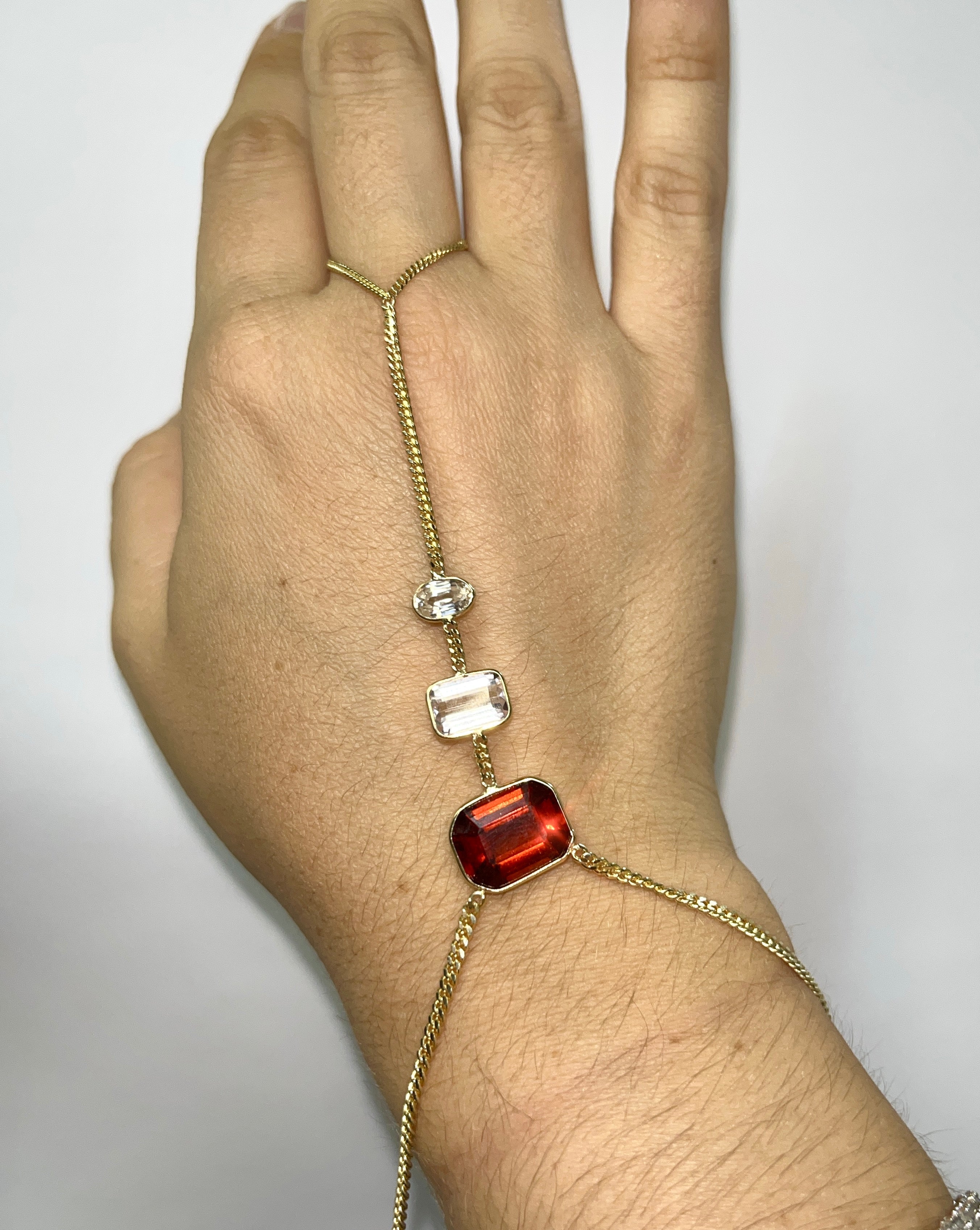 Red Labradorite, Kunzite and White Sapphire Hand Chain 14K Yellow Gold Curb Link