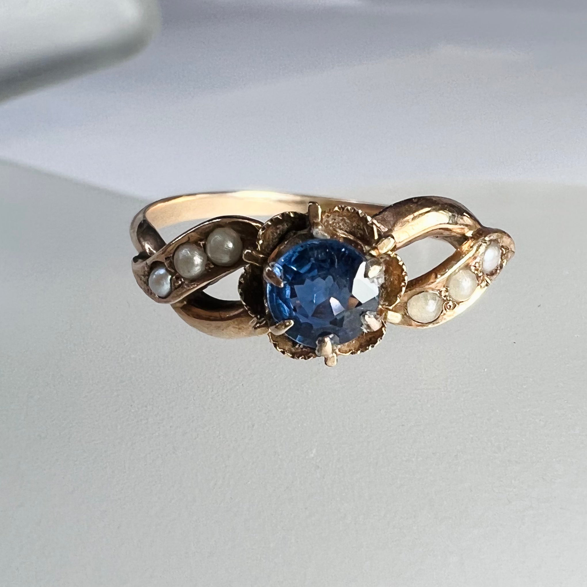 Antique 10K Rose Gold Sapphire and Pearl Ring Size 6.5