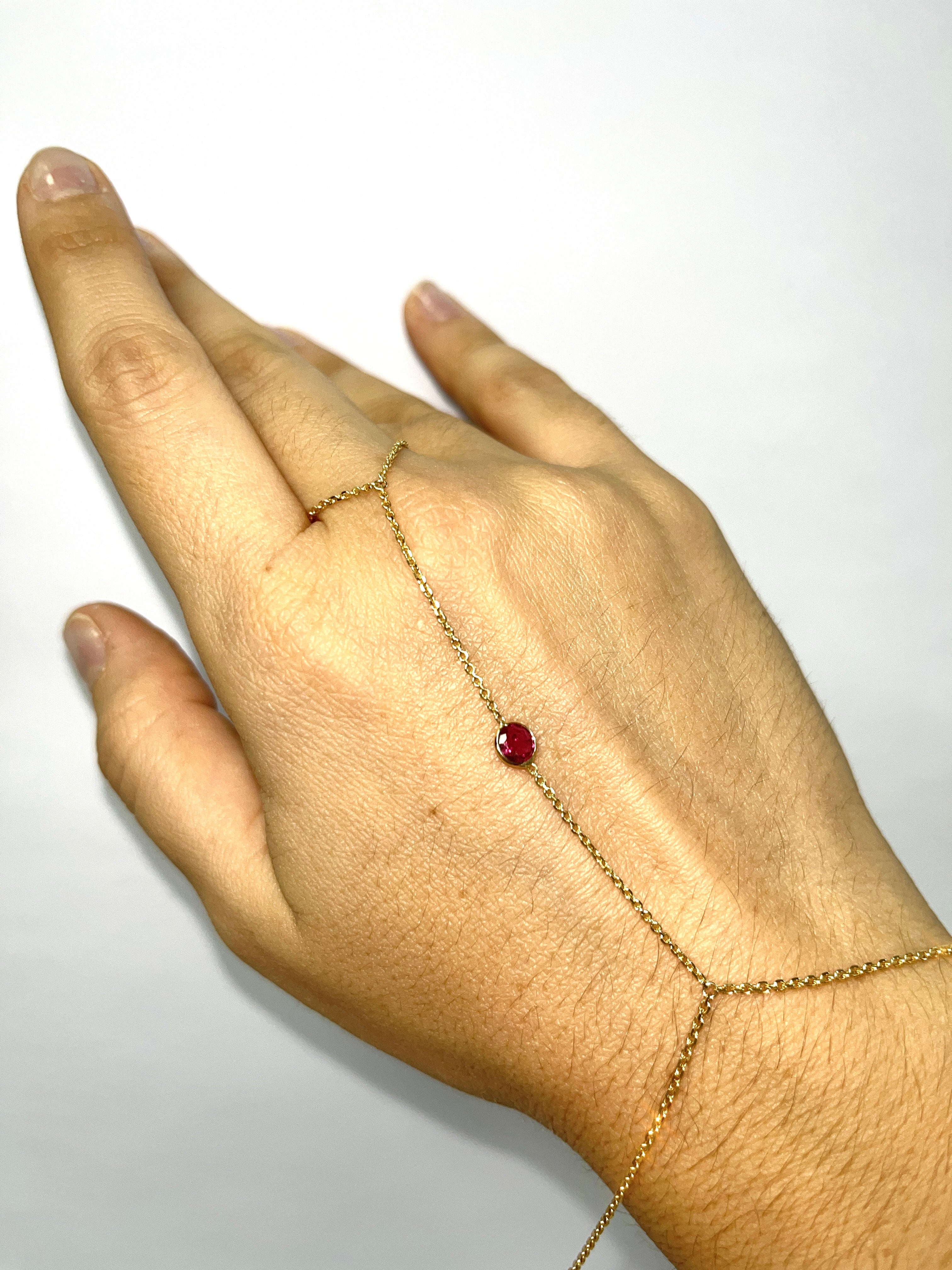 Round Ruby Hand Chain Bracelet in Solid 14K Yellow Gold