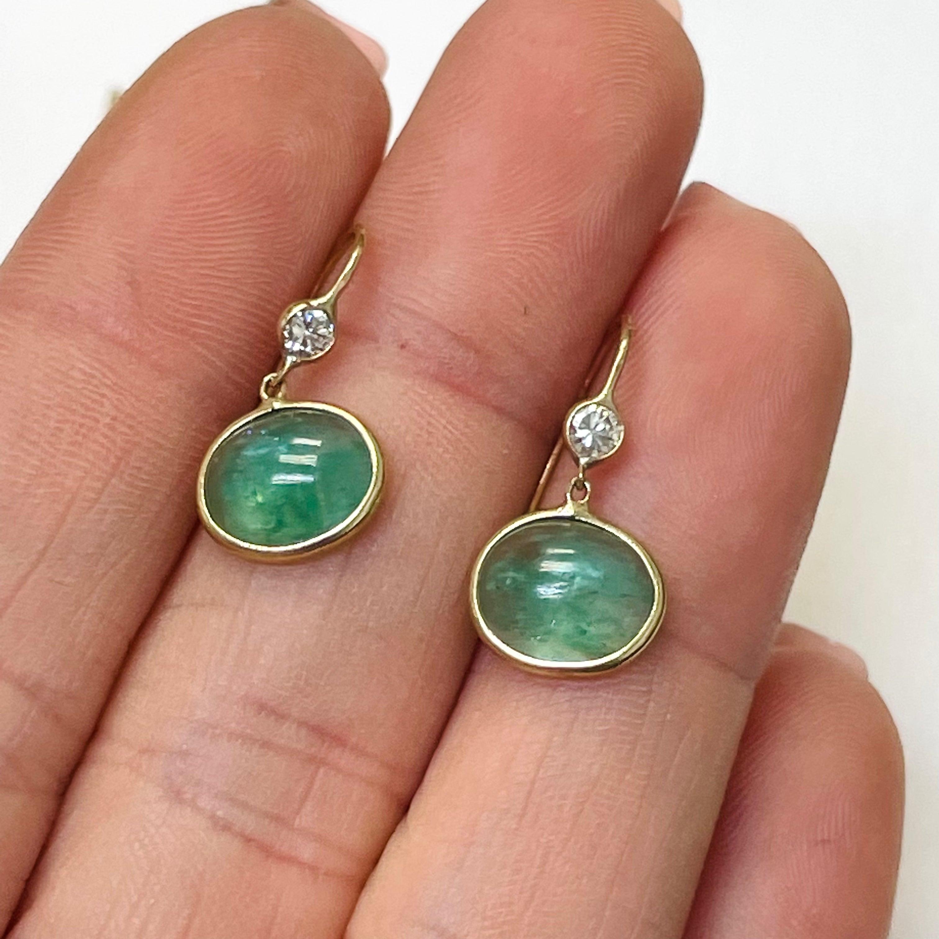 Emerald Cabochon and Diamond 14K Yellow Gold Drop Down Earrings