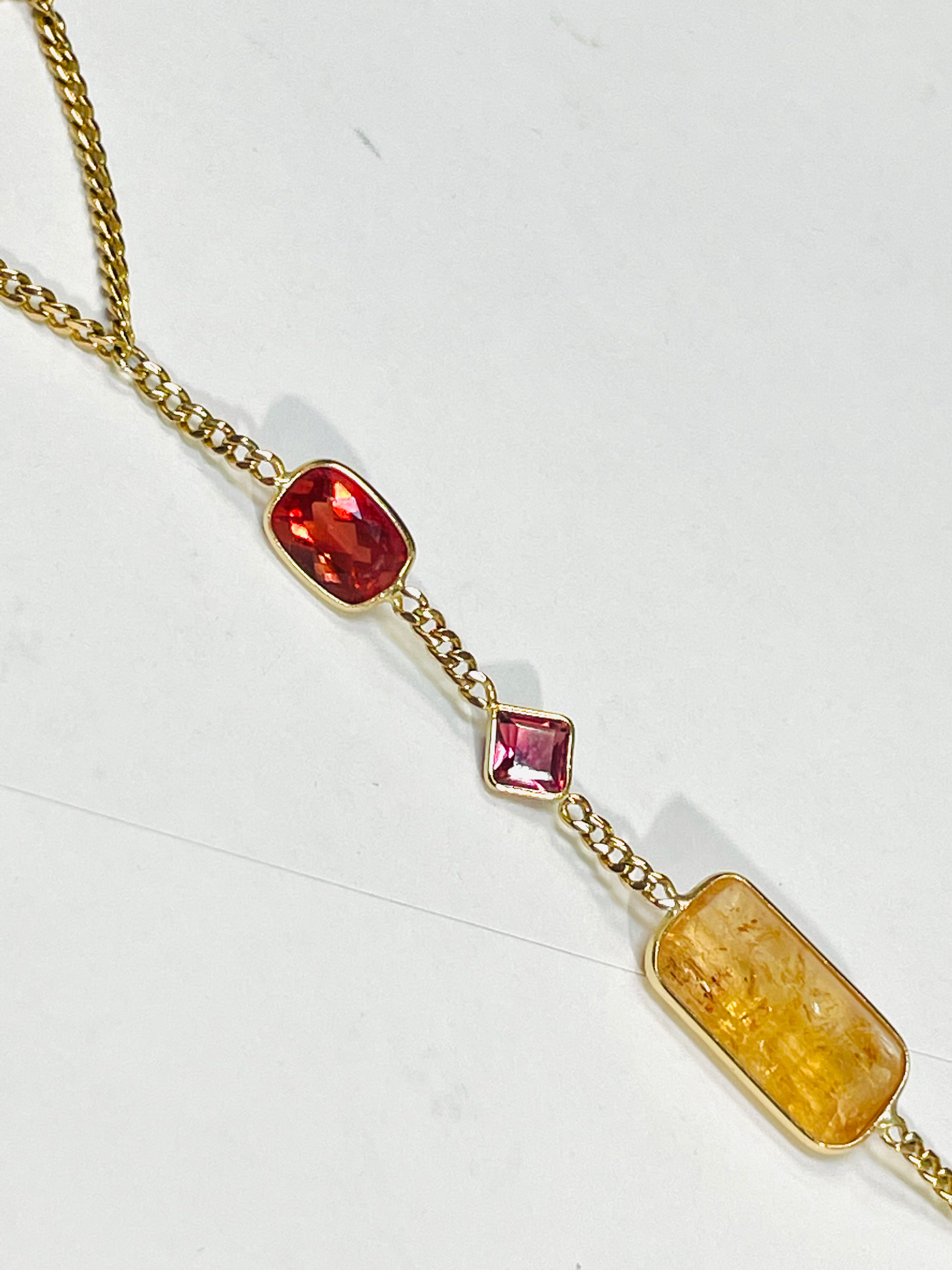 Red Labradorite Pink Tourmaline Imperial Topaz Handchain in solid 14k Yellow Gol