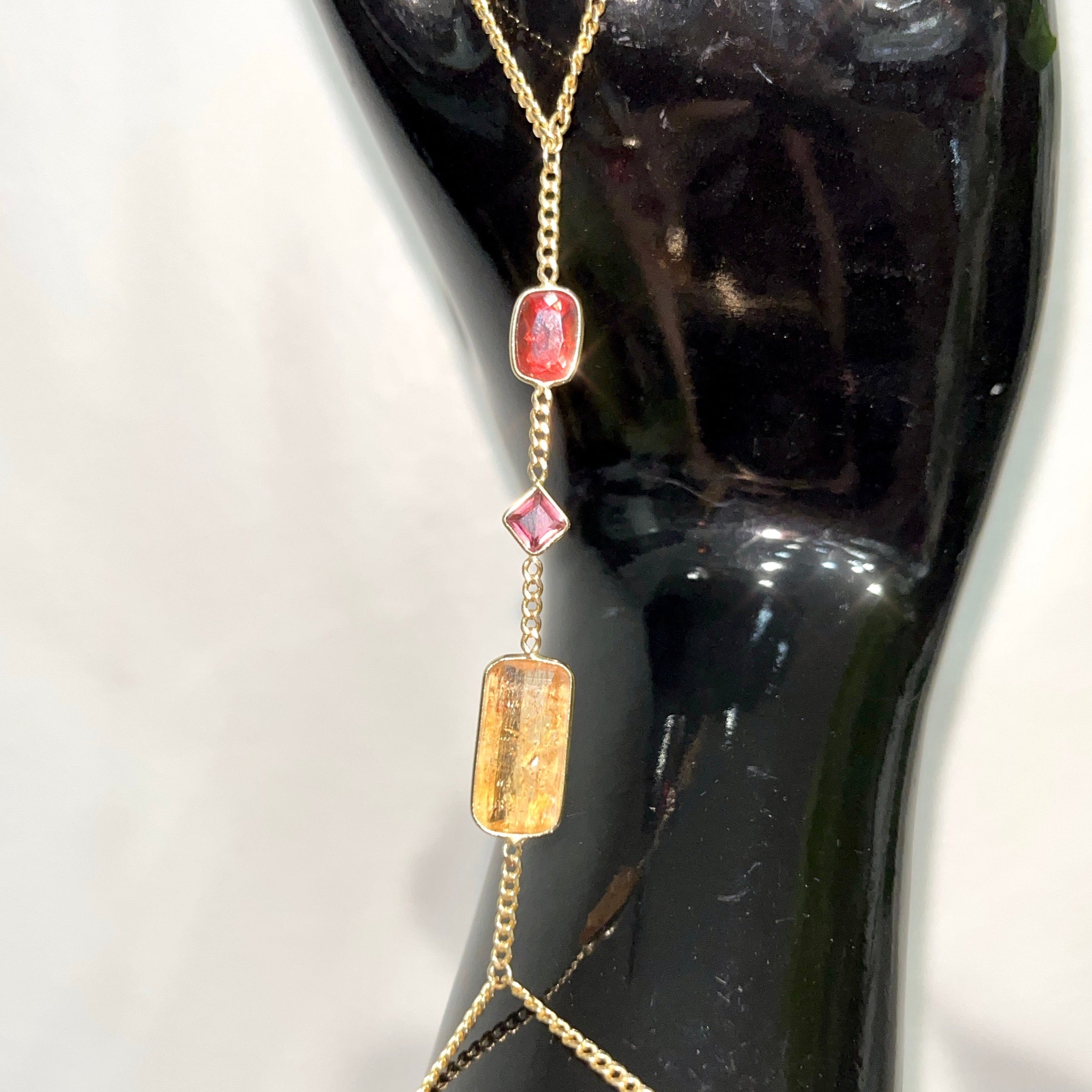 Red Labradorite Pink Tourmaline Imperial Topaz Handchain in solid 14k Yellow Gol