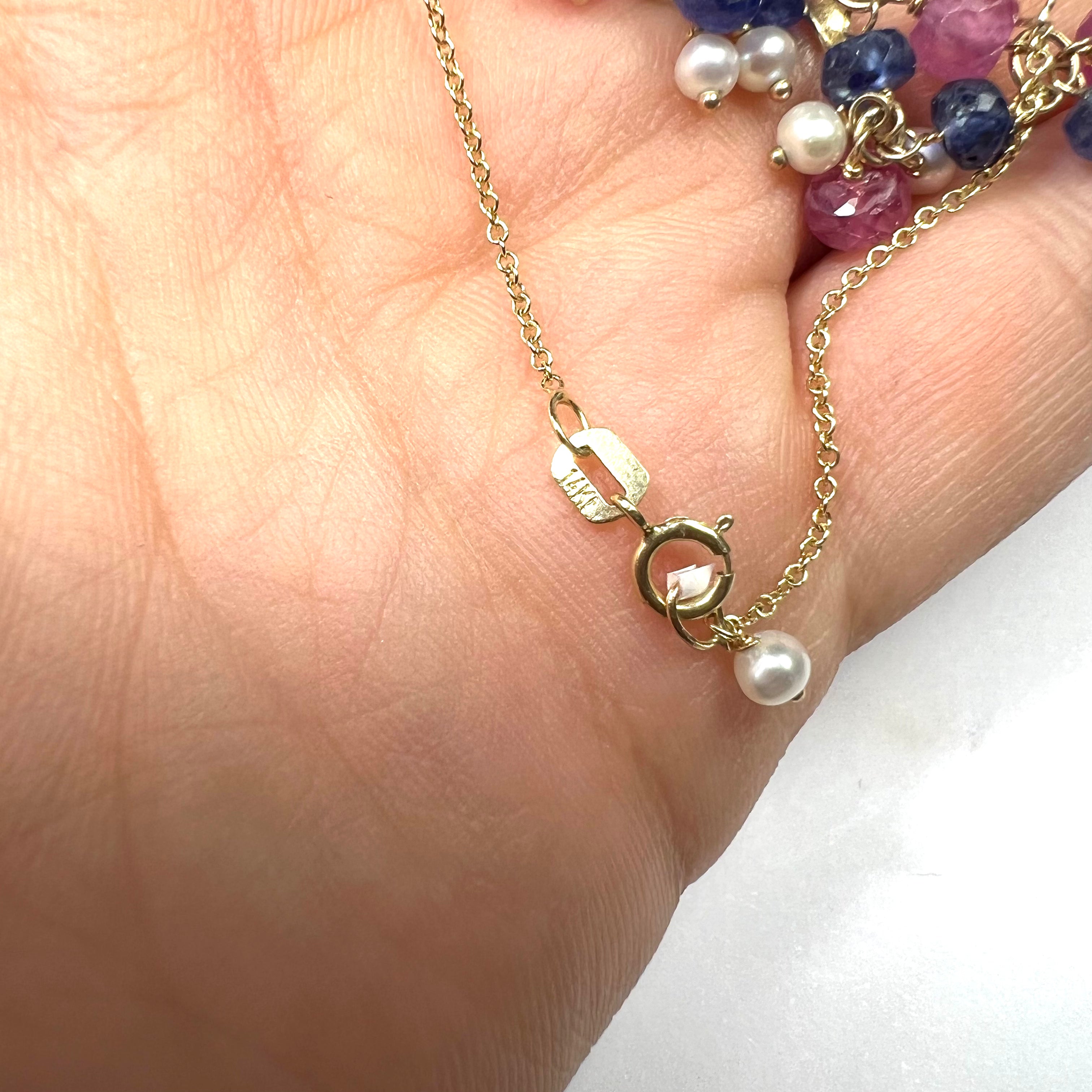 Ruby and Sapphire Beaded Dangle 14K Yellow Gold Necklace