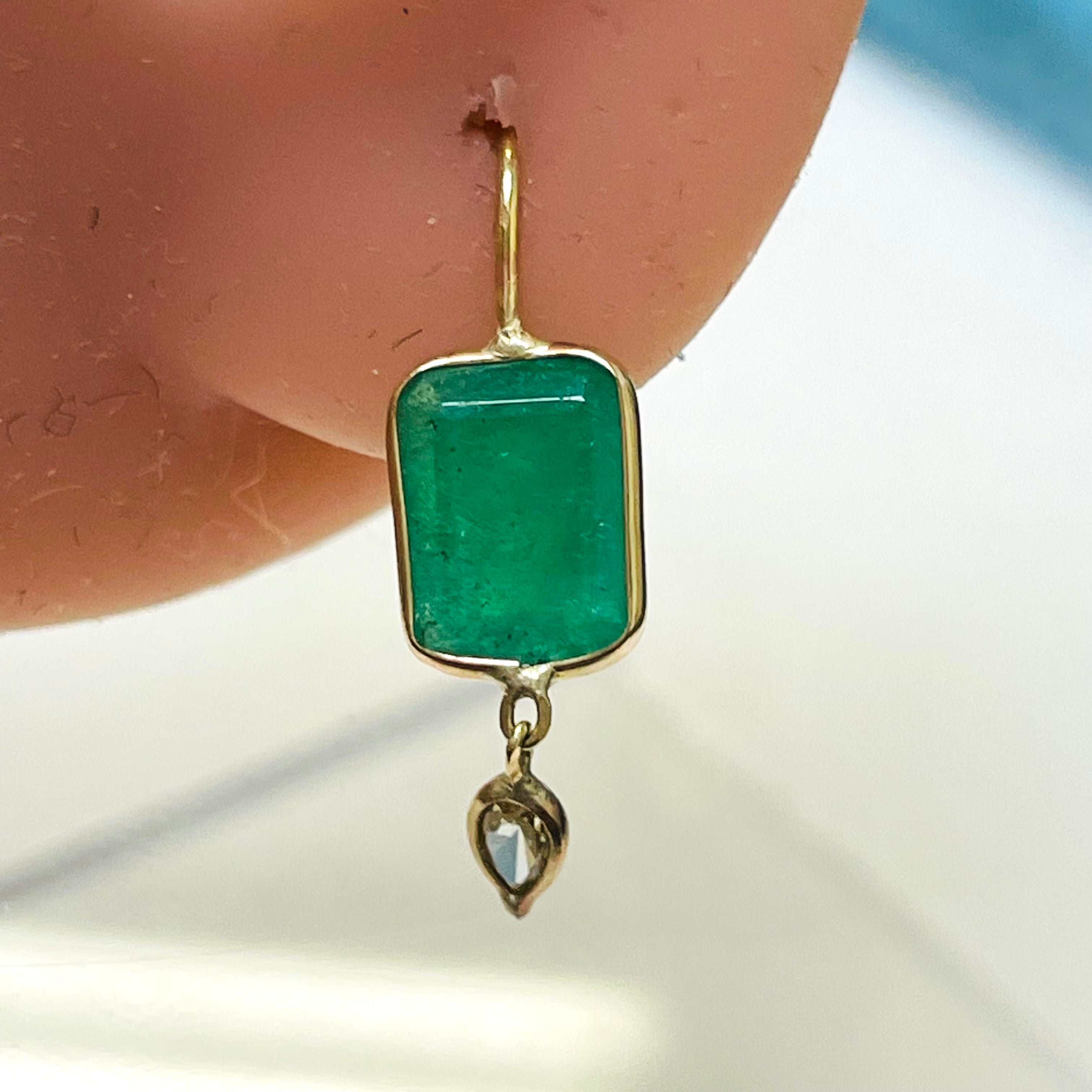 3CT Emerald and .18CT Yellow Diamond 14K Yellow Gold Drop Down Earrings