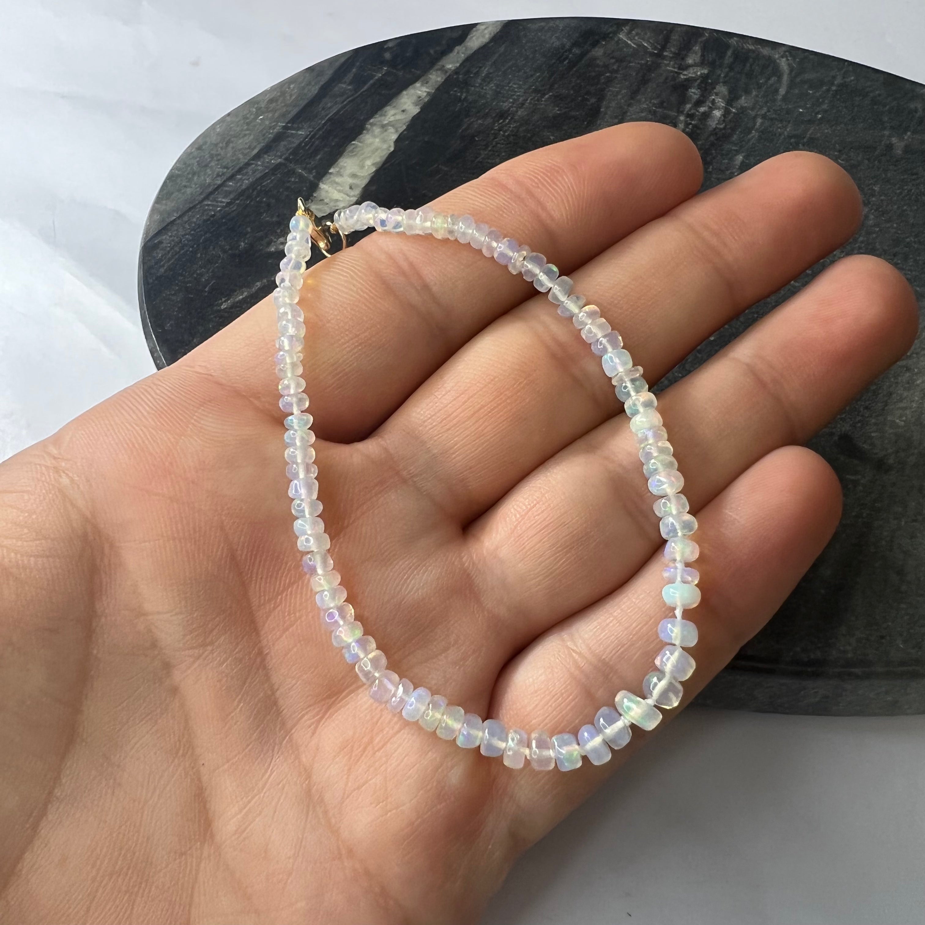 White Opal Beaded Bracelet 14K Gold 7.5"