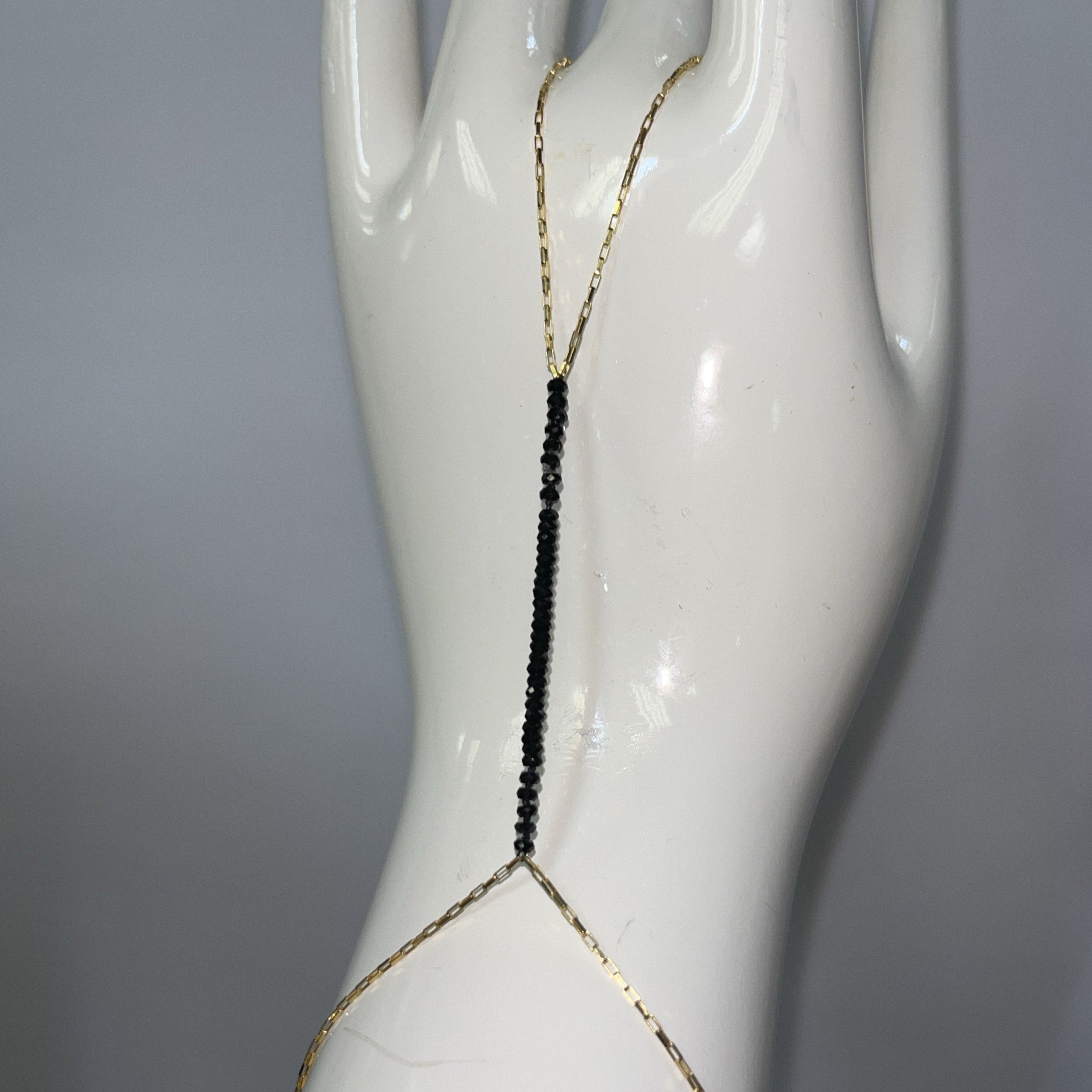 Black Spinel Square Link 14K Yellow Gold Hand Chain