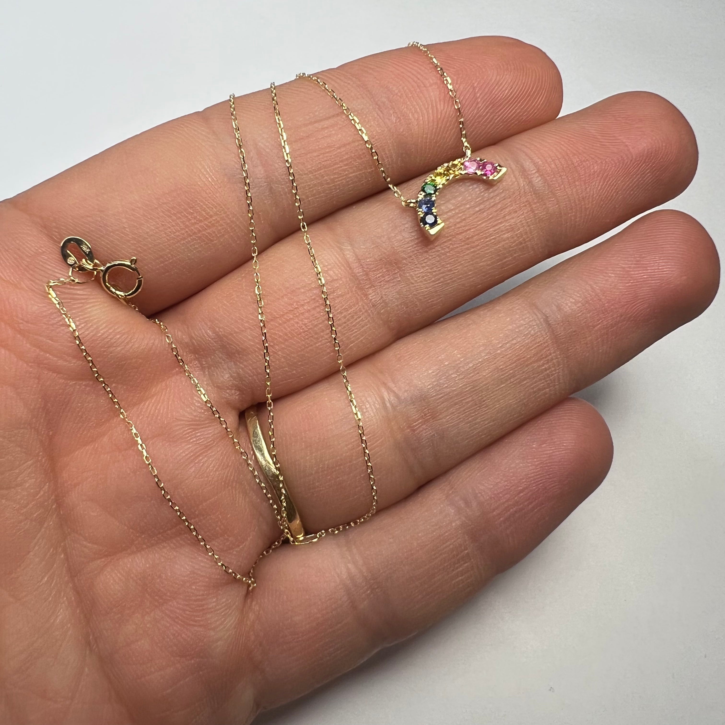 Small Rainbow Sapphire 16"-18" 14K Yellow Gold Necklace Adjustable