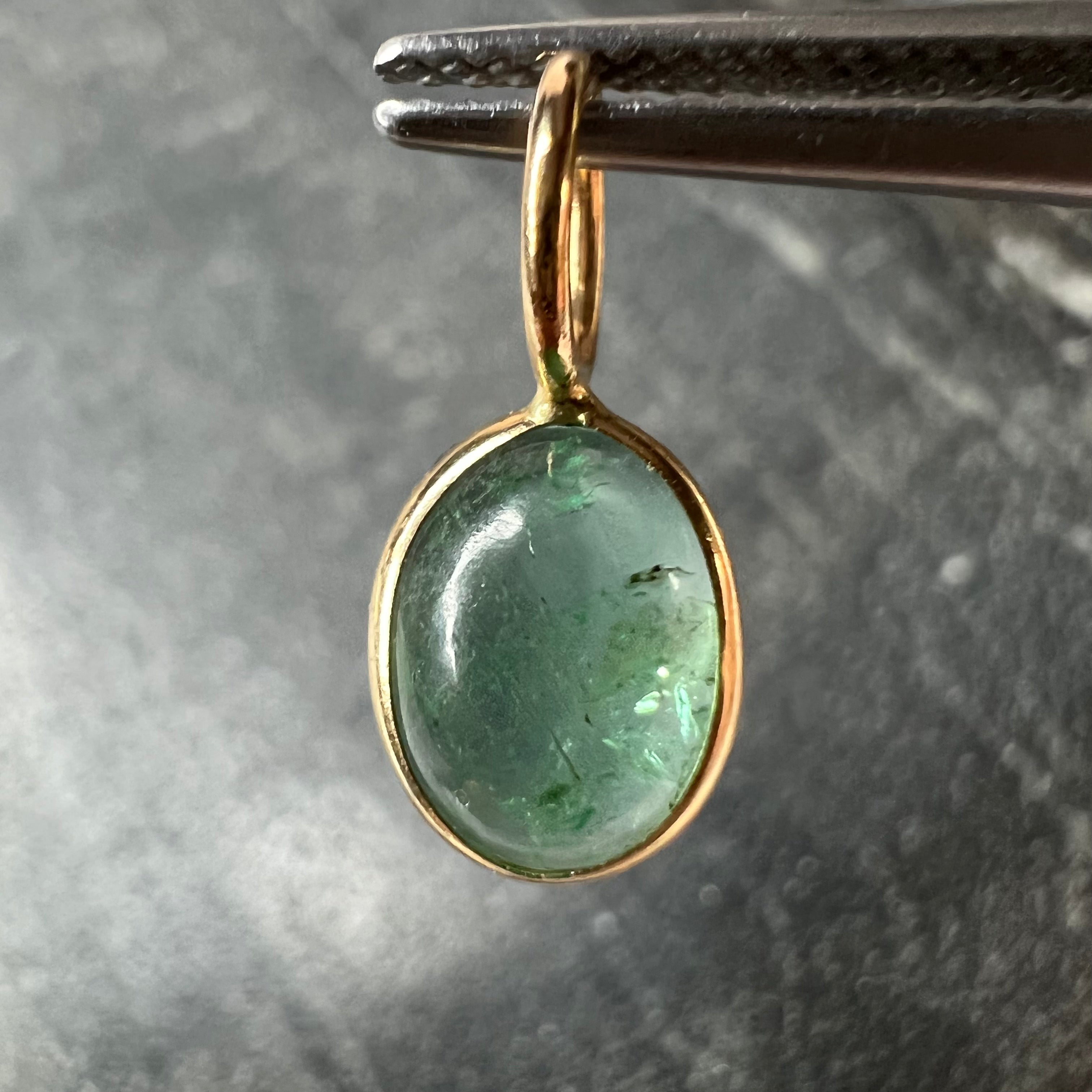 1.1CT Colombian Oval Cabochon Emerald 14K Yellow Gold Pendant Charm 14x6.5mm