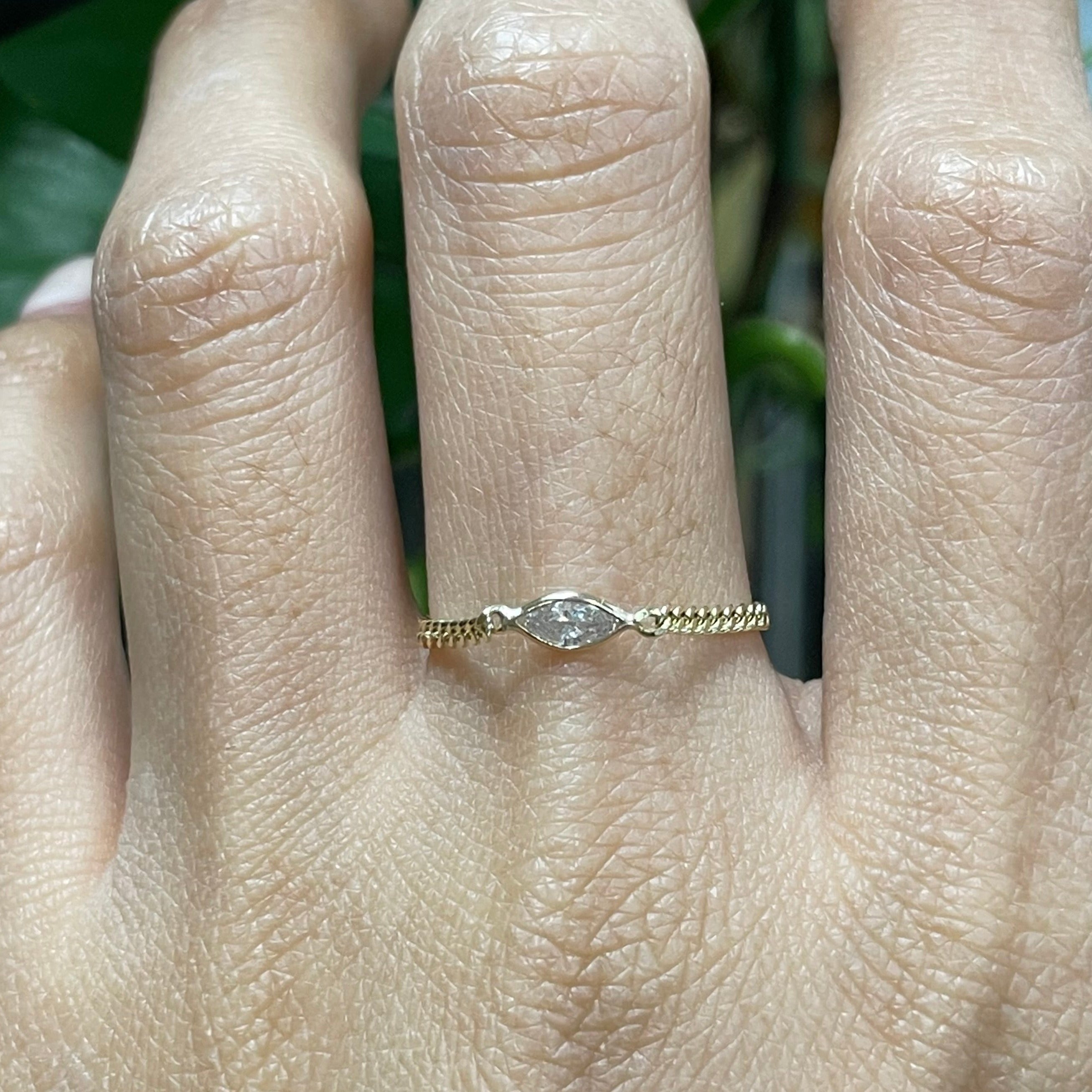 Solid 14K Yellow Gold Marquise Diamond Cuban Chain Ring Size 9.25