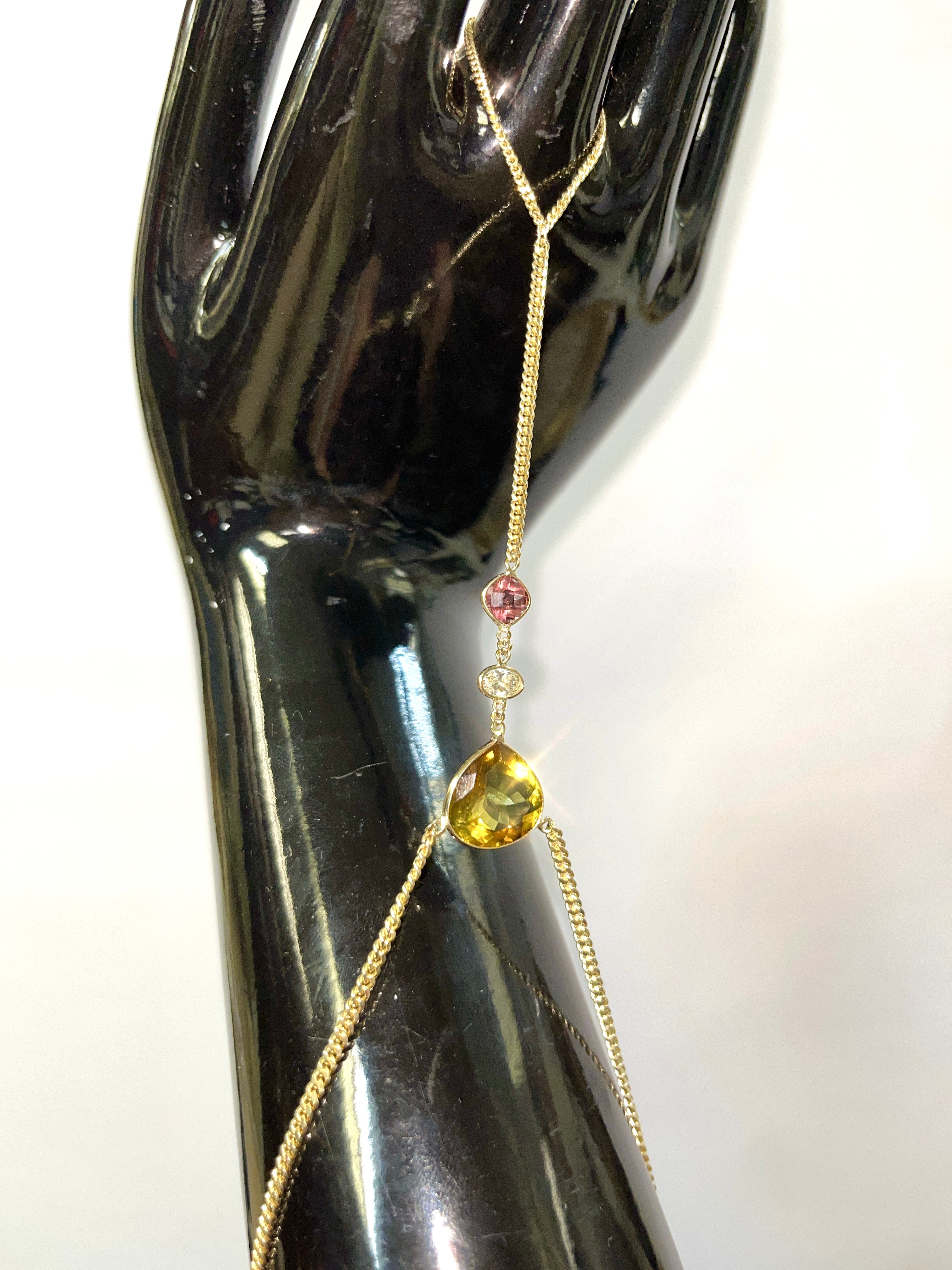 Golden and Pink Tourmaline with a Diamond Hand Chain 14K Yellow Gold Curb Link