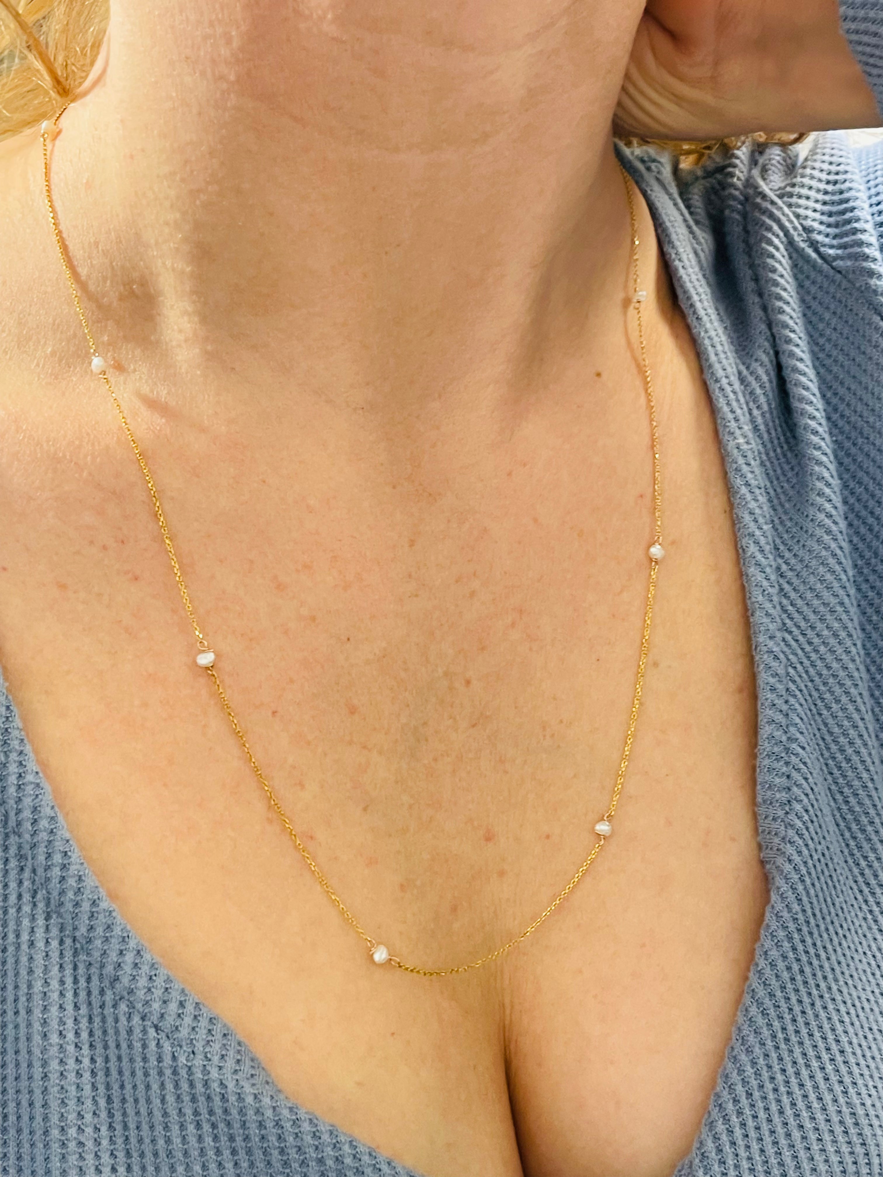24” Baroque 3mm Seed Pearl Station Necklace 14K Yellow Gold