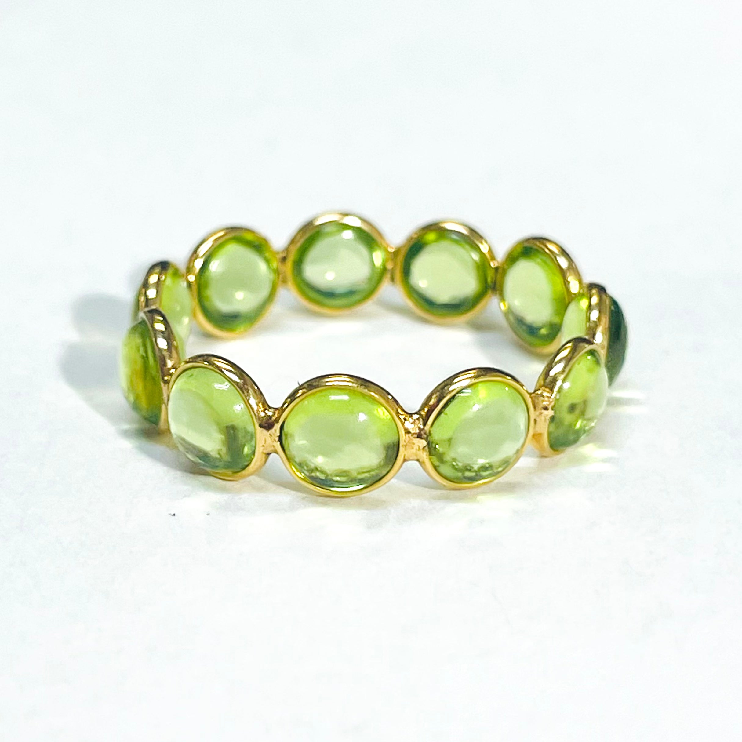 18K Yellow Gold Natural Round Cabochon Peridot Eternity Ring Size 6.25
