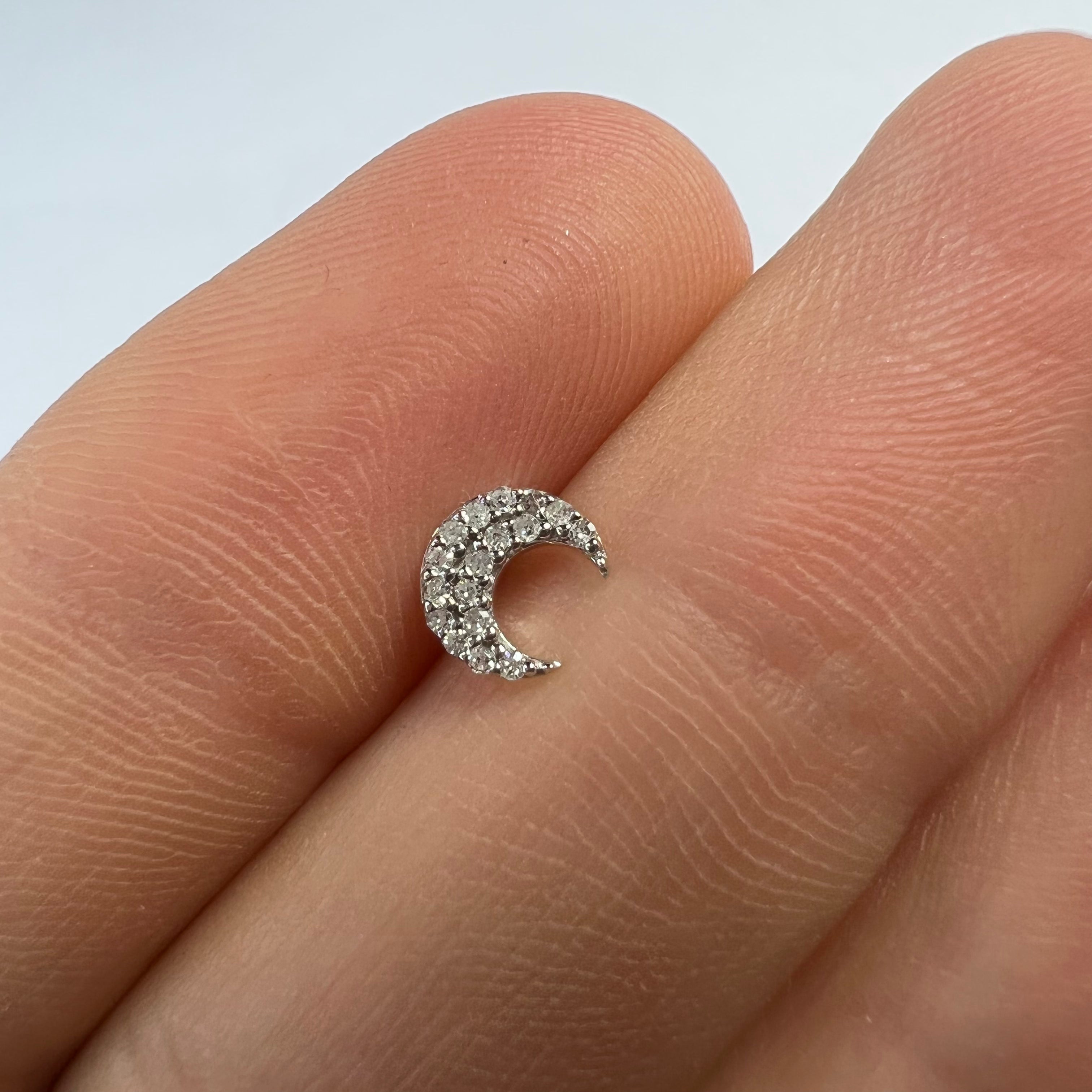 14k White Gold Pave Diamond Moon Single Earring Stud 6x5mm
